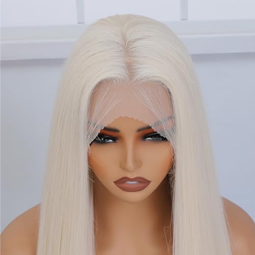 Platinum Blonde Synthetic Lace Front Wig Pre Plucked Ready to Wear 13x4 HD Glueless Straight Lace Front Wig for Women Natural Looking Synthetic Heat Resistant Fiber Platinum Blonde Wig (26 Inch)