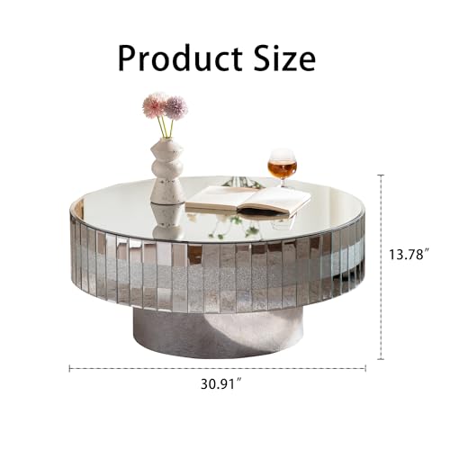 Round Coffee Table with Dazzling Crushed Crystal Border, 31" Round Silver Mirrored Coffee Table for Living Room, Glam Modern Glass Living Room Center Tea Cocktail Table, Bedroom Pedestal Nightstand