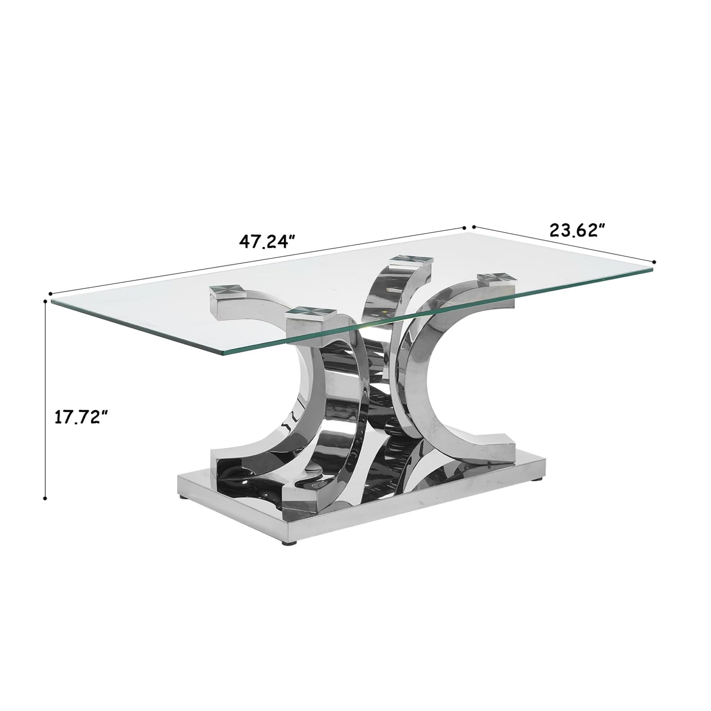 Henf 47" Glass Coffee Table Modern Glass Center Table, Luxury Rectangular Cocktail Table Accent Sofa Table with Tempered Glass Top and Silver Mirrored Stainless Steel Base for Living Room Apartment