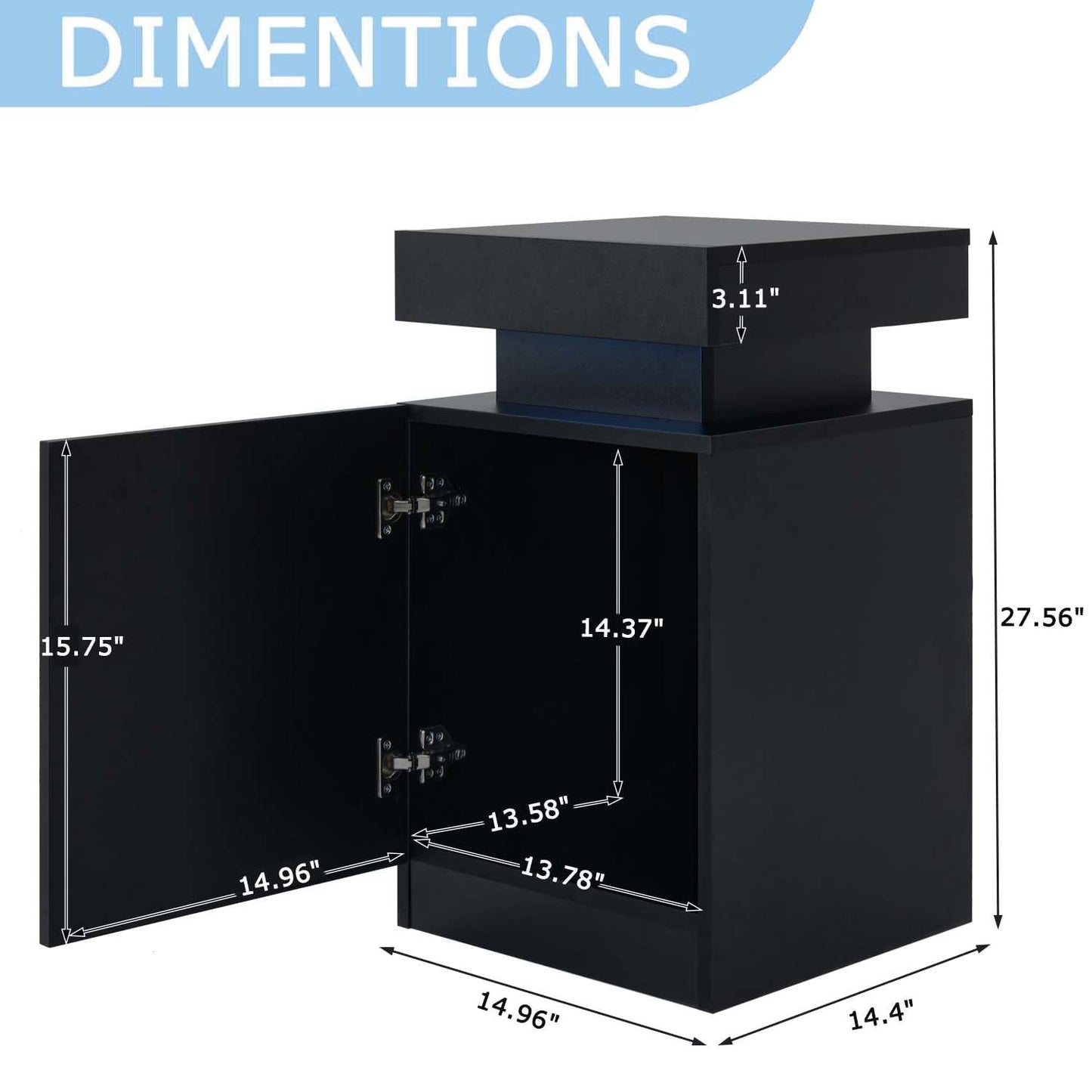 Black Nightstands Set of 2, Modern End Table with LED Lights, Bedside Table with Large Storage, 2 Night Stands for Bedrooms