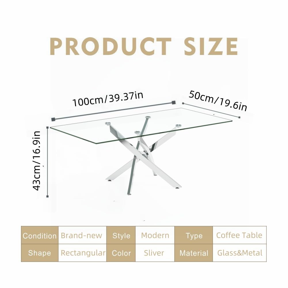 NIERN Tempered Glass Coffee Table with Chromed Legs, Rectangle Modern Living Room Table for Home Office Living Room (Sliver, 40” x 20” x 17”)