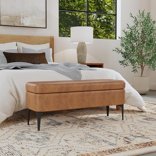 HomePop Upholstered Storage Bench with Metal Leg Home Décor|Bench with Storage for Living Room & Entryway - Carmel Faux Leather