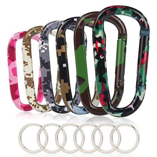 6PCS Carabiner Caribeaner Clip,3" Large Aluminum D Ring Shape Carabeaner with 6PCS Keyring Keychain Hook(Multi Camouflage)