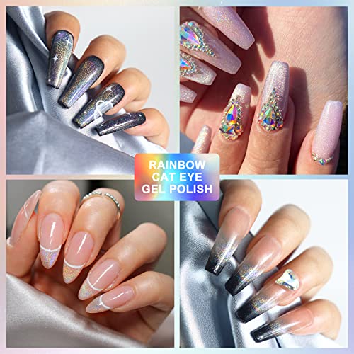 Vettsy Universal Rainbow Cat Eye Gel Nail Polish, Soak off Holographic Laser Cat Eye Gel Nail Polish Galaxy Chameleon Magnetic Gel with Magnetic Stick for Salon Designs and DIY Manicure Art 15ML