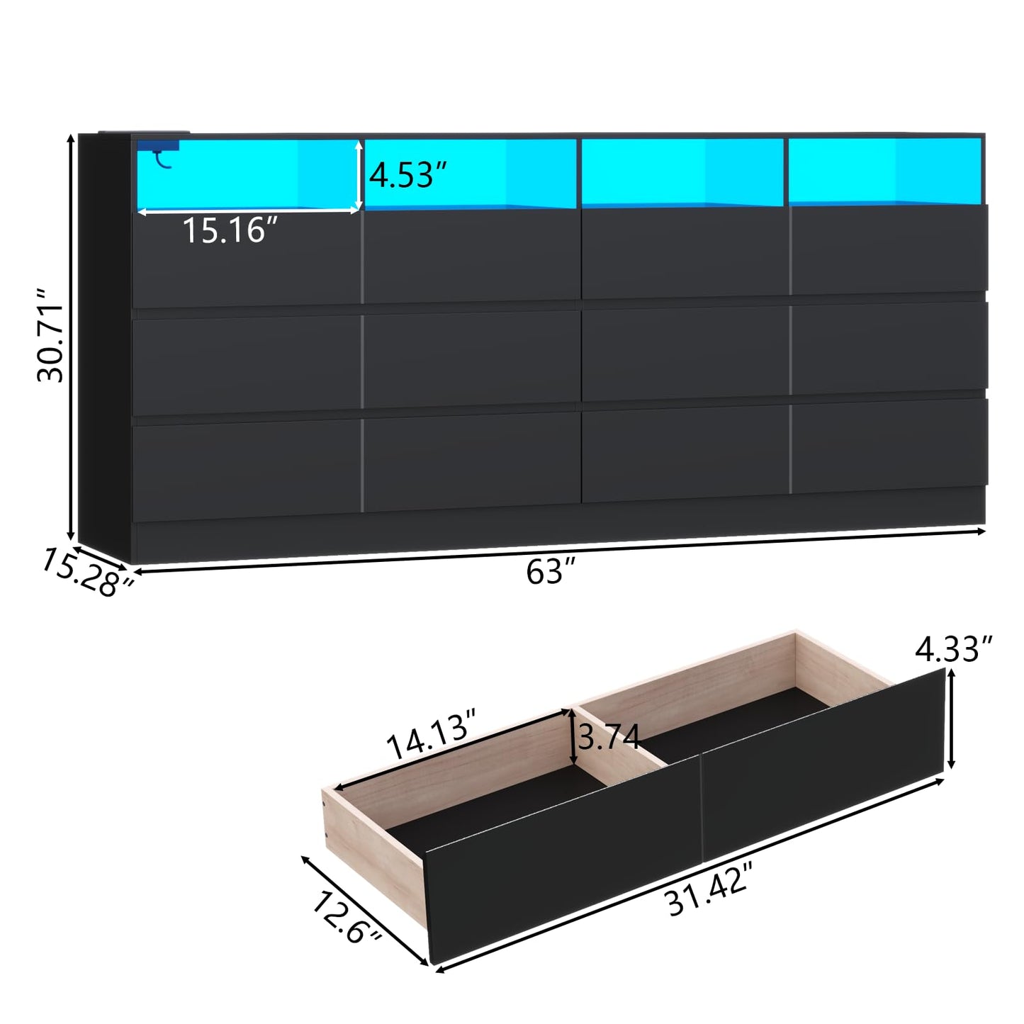 Loomie 12-Cell Divided Drawers Black Dresser with Charging Station & Led Lights for Bedroom, Long 63" Wide Dresser TV Stand for TVs up to 75", Large Dressers Organizer with 4 Open Cubbies