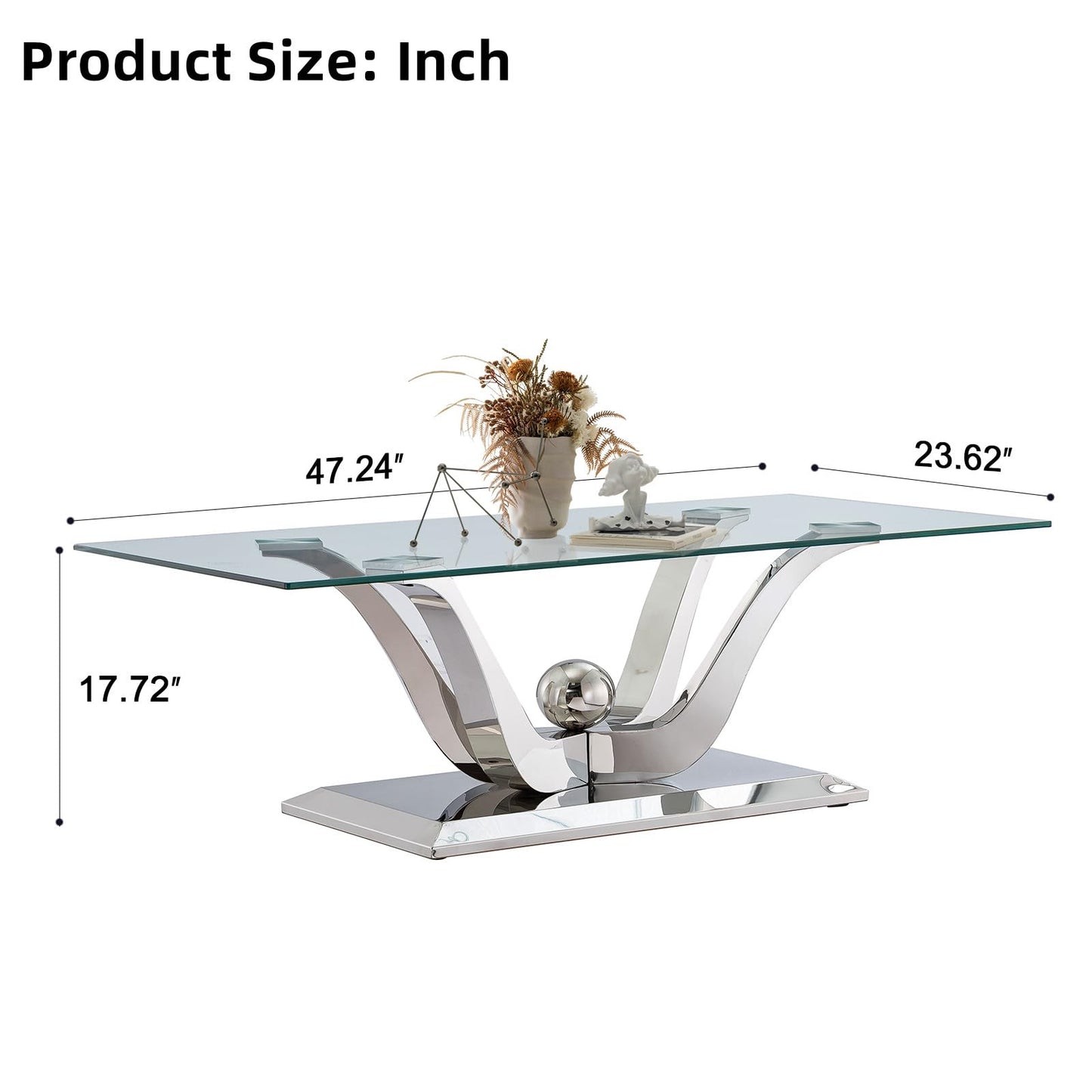 Modern Silver Glass Coffee Table, 47" Rectangle Coffee Table with Tempered Glass Top&Stainless Steel Flower-Shape Base, Luxury Glass Living Room Center Table Accent Cocktail Table for Home Office