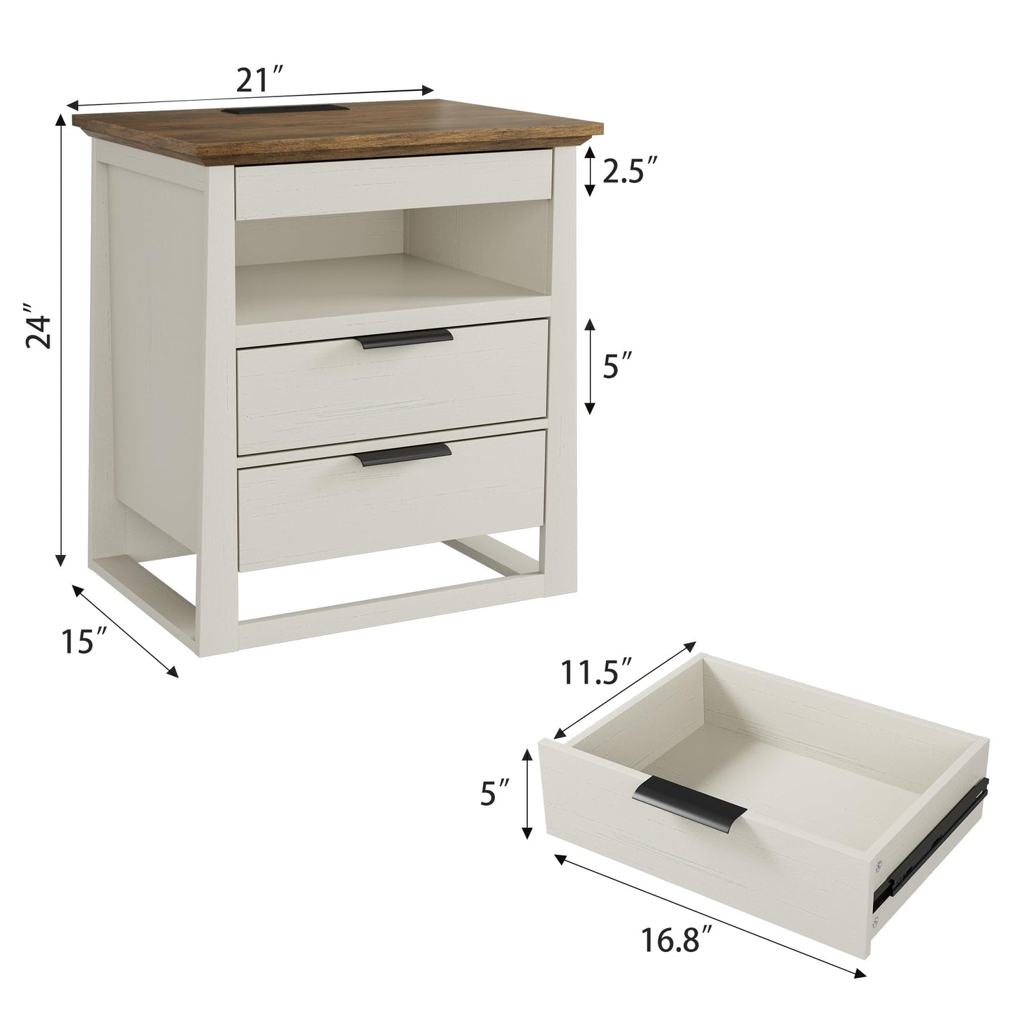 Rresyet Nightstand with Sensor LED Light and Charging Station, 24" Tall End Table with 3 Drawers, Modern Night Stand with Storage, Wooden Bedside Table for Bedroom. (White)