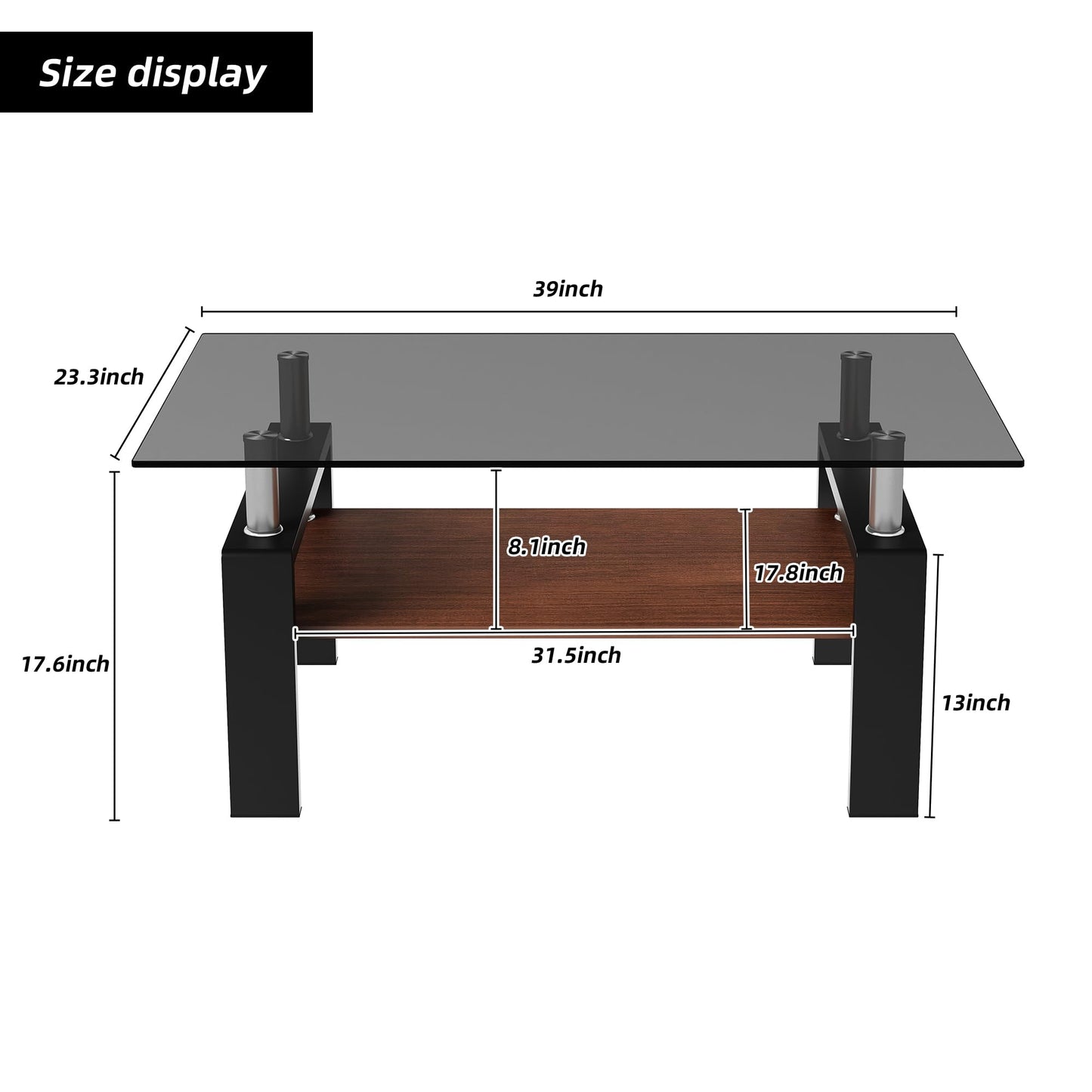 IANIYA Rectangle Tempered Glass Coffee Table, Rectangle Living Room Center Table, Modern Tea Table with Tempered Glass Tabletop and Wood Layer (1, Gray)