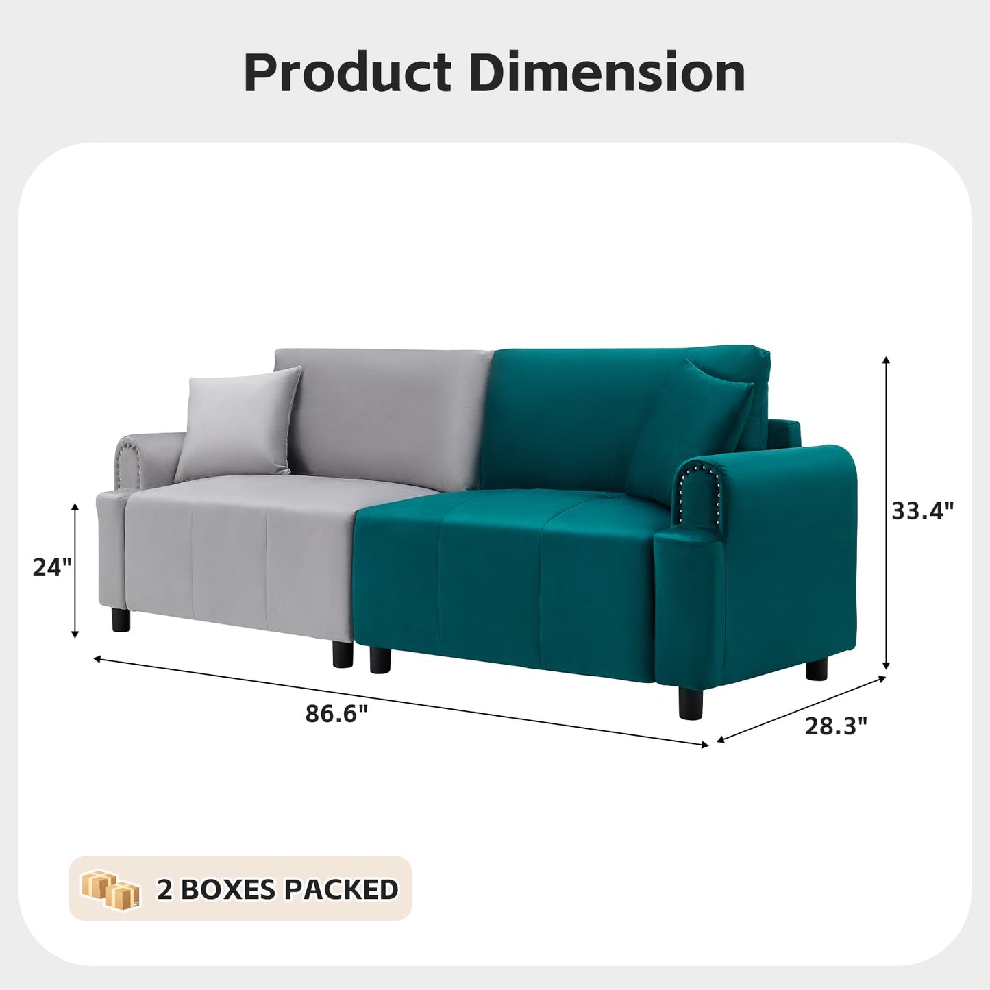 PLANNTONNEO 87" Sectional Sofa Modular Deep Seat Sofa Couch, Futon Sofa Bed,Modern Velvet Sofa Sleeper with USB Ports Comfy Upholstered 3 Seater Couches for Living Room Apartment Bedroom, Green+Gray