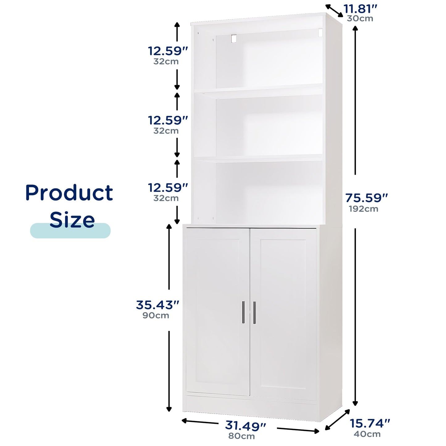 DIYART 5 Tier Bookcase with Doors & Cabinet, 75" Tall Large Wood Bookshelf for Living Room, Office, Library, White Storage Display Shelf with Adjustable Shelves