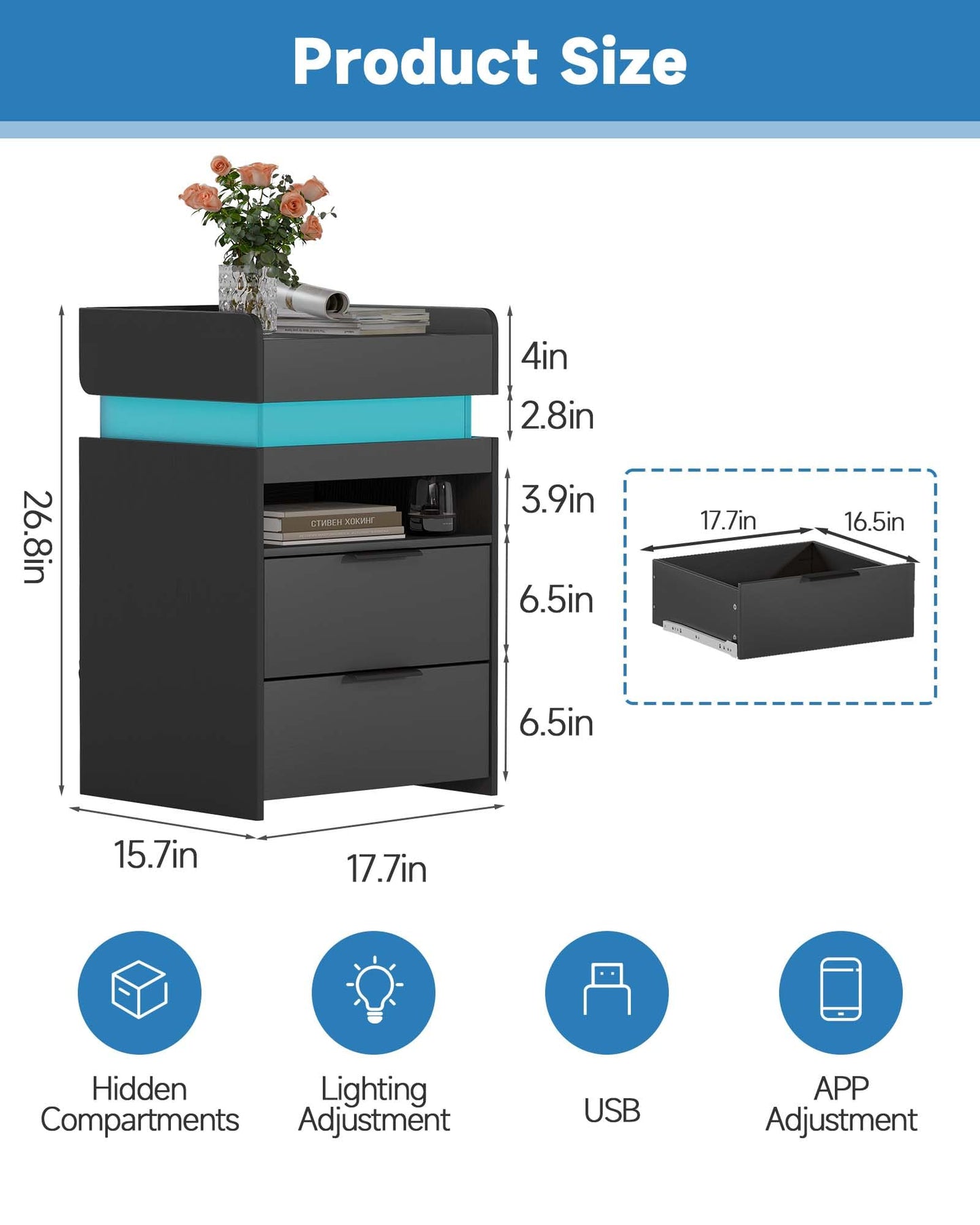 Nightstand with Gun Drawer, Charging Night Stand with USB and AC Ports, LED Nightstand, NightStands with Gun Drawer, Smart Night Stand with Sliding Top Storage