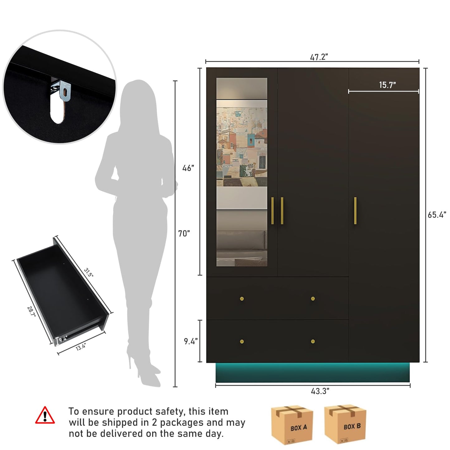 jiteentarou 3 Door Wardrobe Closet with Mirror and LED Lights, Bedroom Armoire with Drawers Shelves, Modern Wooden Armoire Wardrobe Closet with Hanging Rod for Bedroom, Black