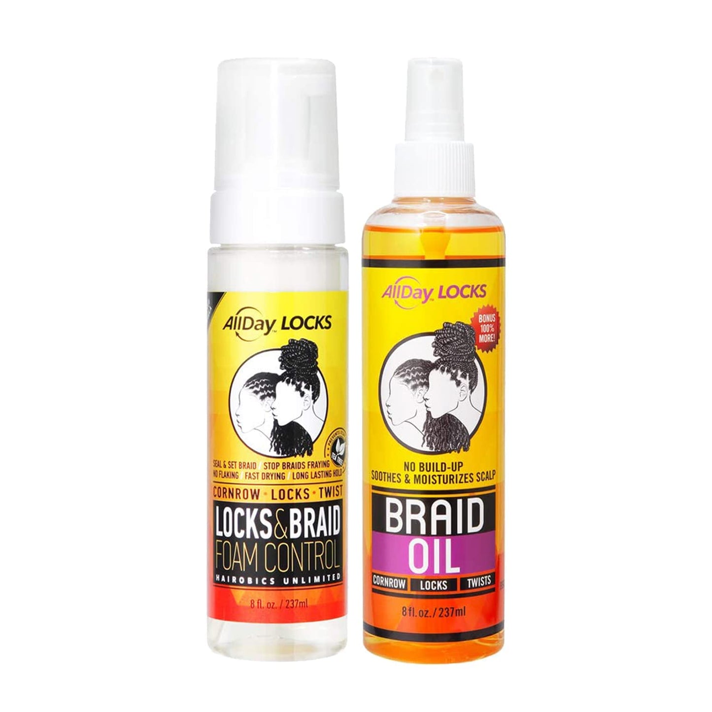 AllDay Locks Braid Foam (8 oz) & Braid Oil (8 oz) Bundle | Long Lasting Style, Protection, & Shine | Moisturizes, Rejuvenates, & Seals Braids, Locks, Twists, Cornrows