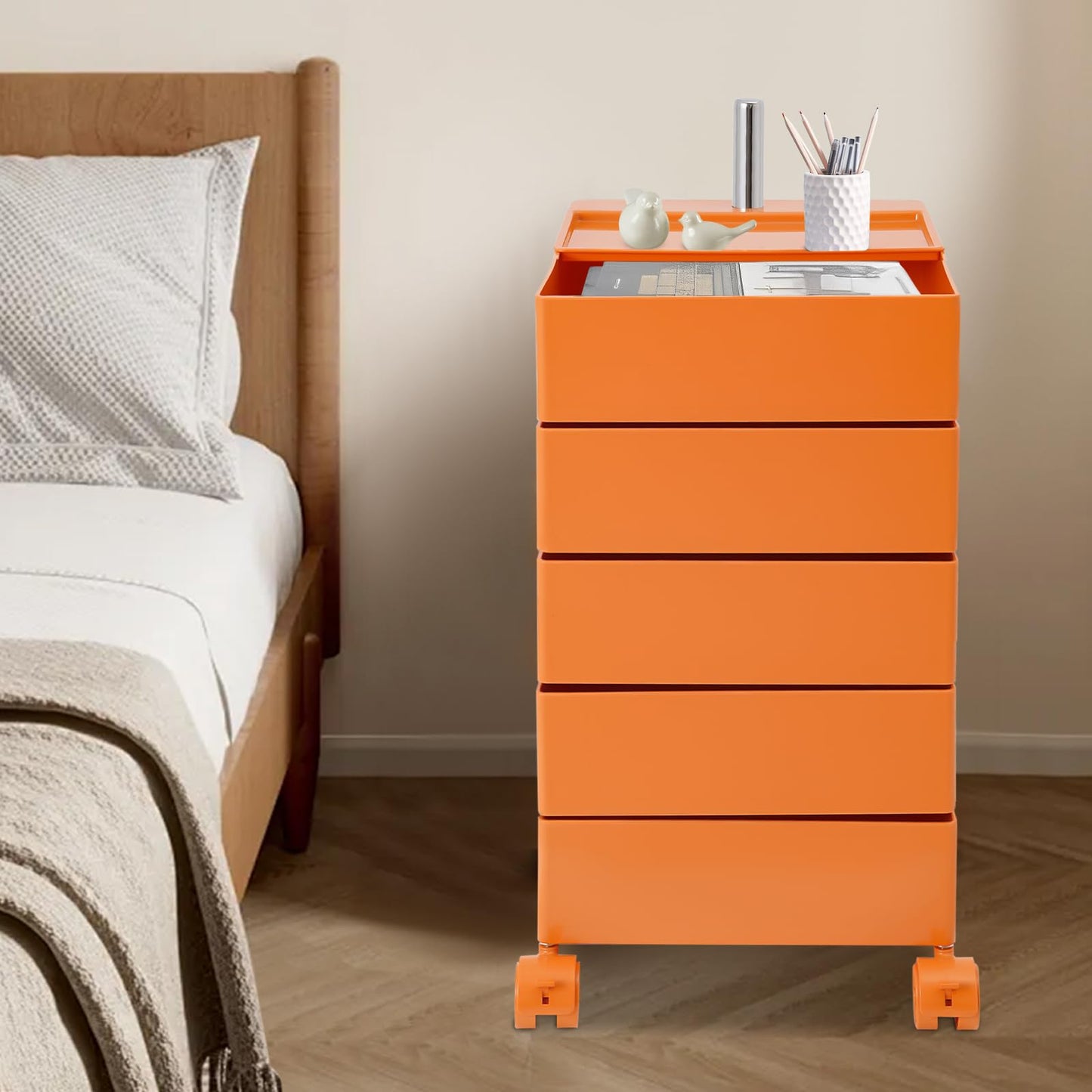 Namiose 360° Movable Rotating Storage End Table Sofa Side Cabinet Laptop Bedside Table with 5 Tiers Shelves 4 Universal Casters for Living Room Bedroom Sofa Dormitory (Orange)