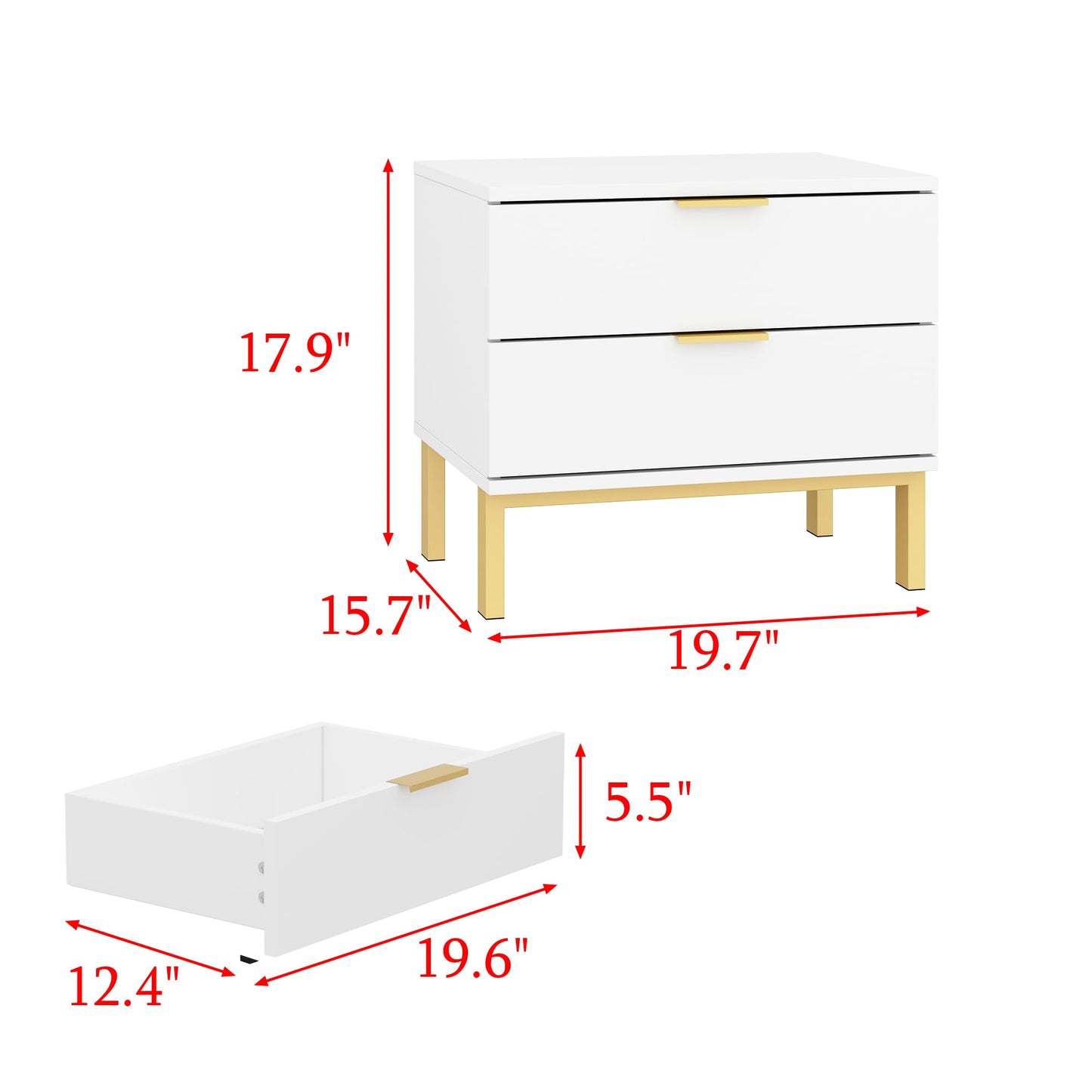 FUNISIR White Nightstand with 2 Drawers, Modern Night Stand Bedside Table with Drawers and Golden Legs, Narrow Bedroom End Table for Small Space, Living Room, 17.9" H