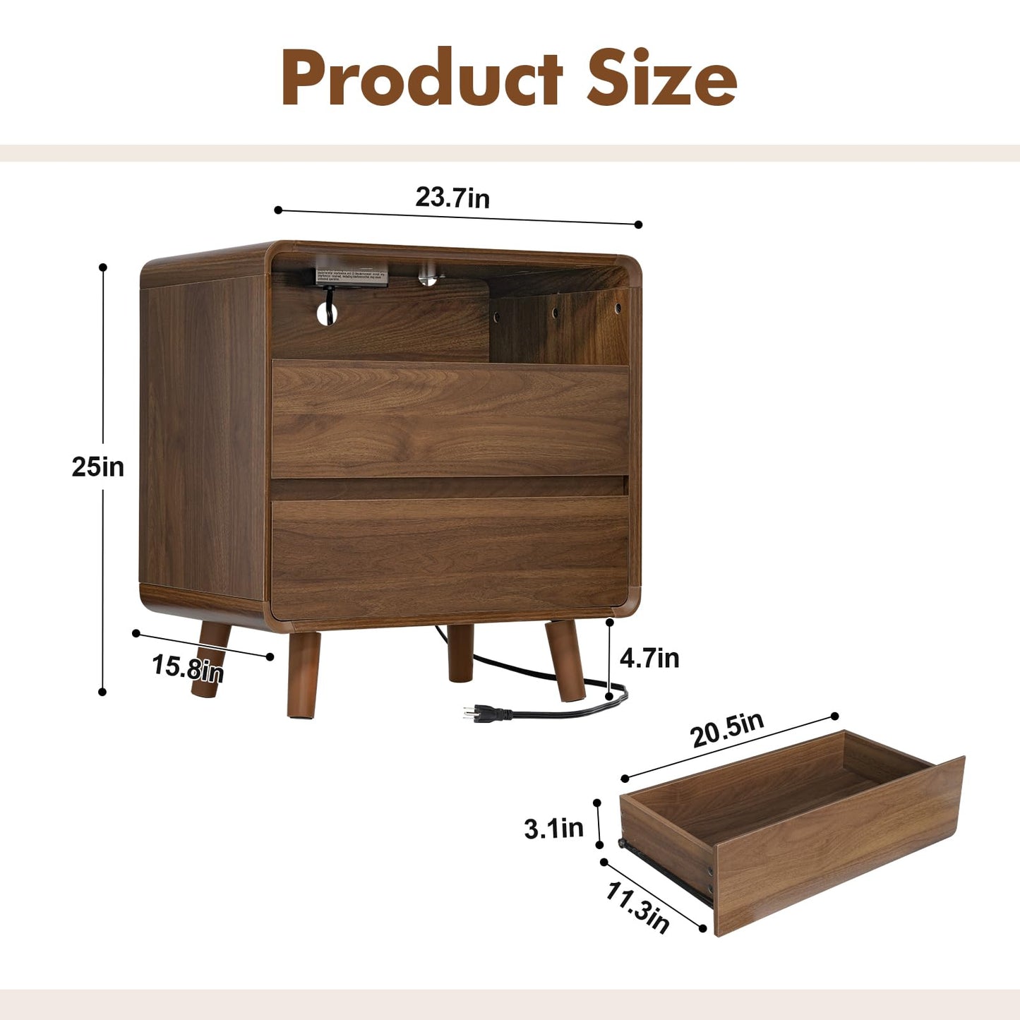 Nasonet Night Stand with Charging Station, 23.7" Wide Mid Century Modern Nightstand with Drawers, Curved Edge, Wood Bedside End Table for Bedroom, Walnut