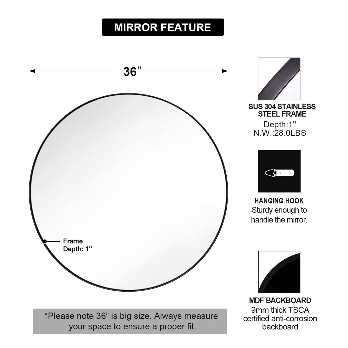ANDY STAR 36" Black Round Mirror, Black Circle Mirror, 36 inch Round Black Mirror Bathroom, Big Circle Wall Mirror in Metal Frame, Matte Black Vanity Mirror for Entryway, Living Room, Dining Room