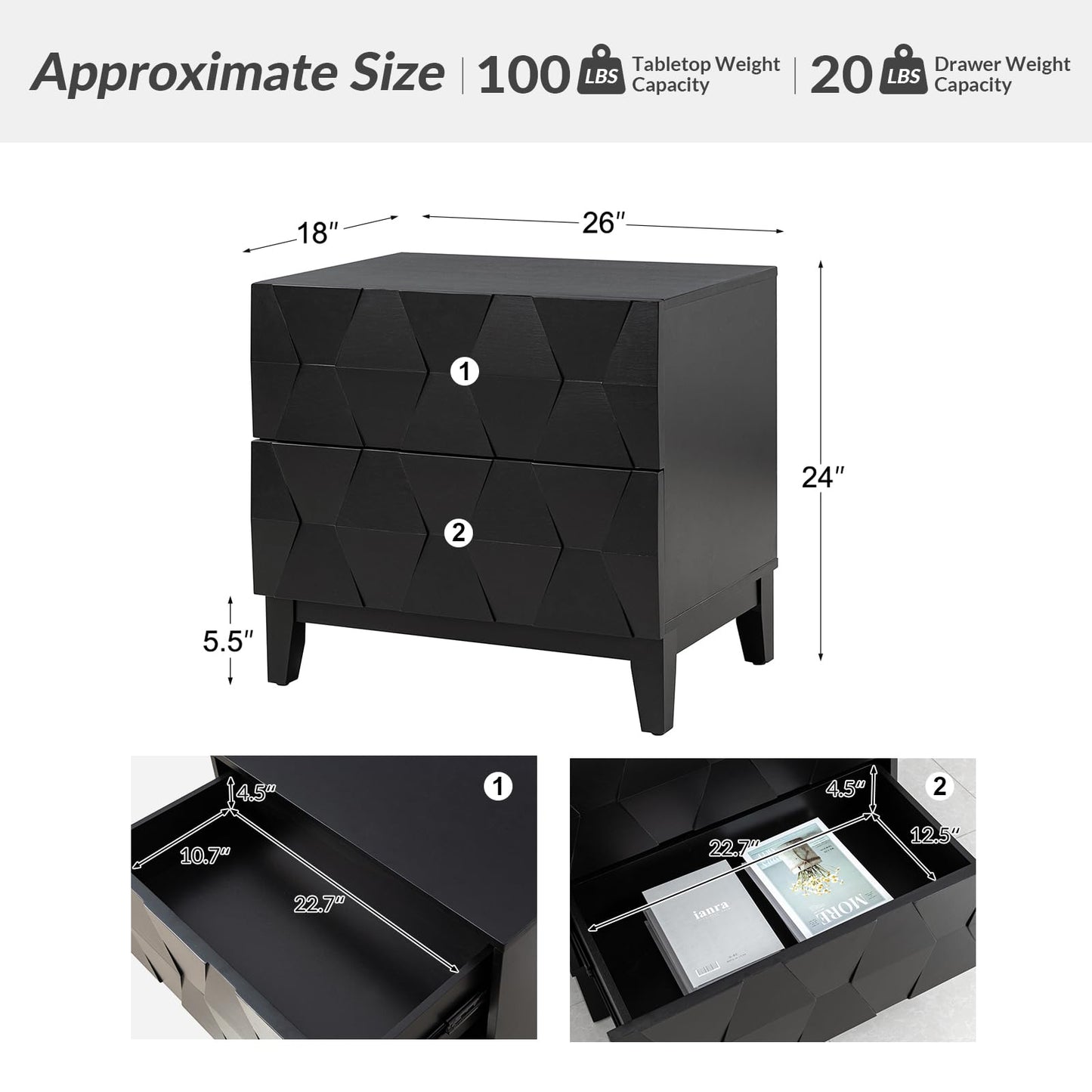 HULALA HOME Wood Nightstand with Charging Station 2 Drawer Dresser with Wooden Legs Mid Century Modern Bedside French Style End Table for Bedroom, Black