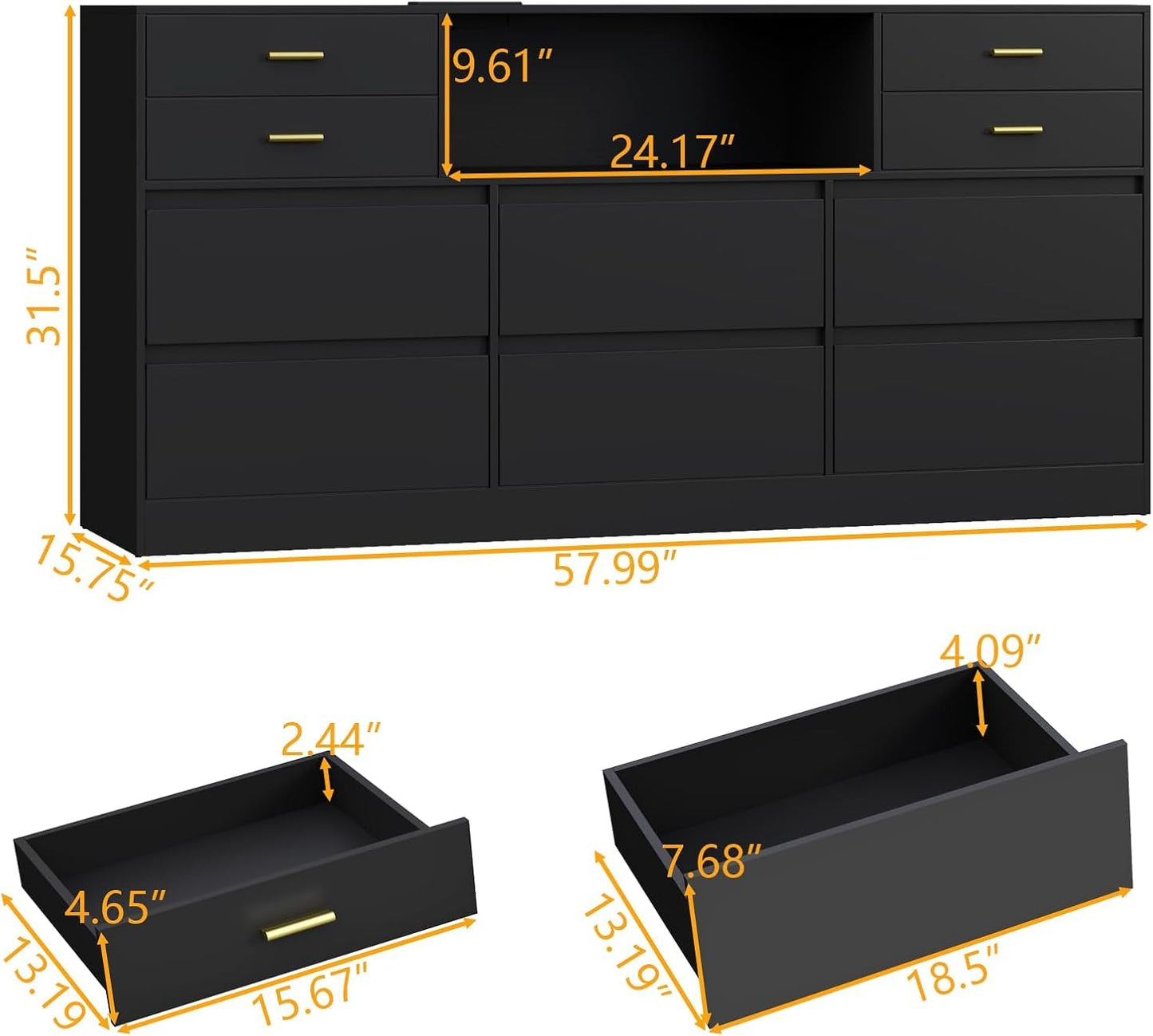 Loomie 10 Drawer Black Dresser with Charging Station & Led Lights for Bedroom, Long 58" Triple Wide Dresser TV Stand for TVs up to 65", Wide Chest of Drawer, Large Dressers Organizer with Open Cubby