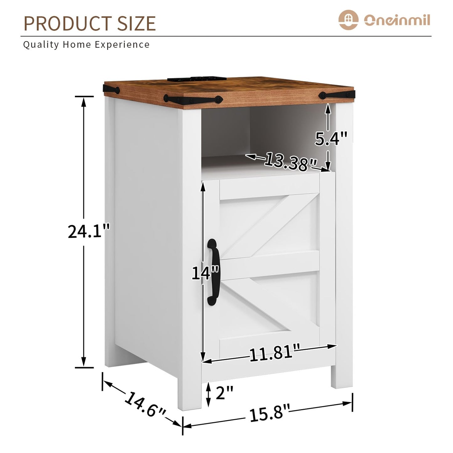 oneinmil End Table with Charging Station, Farmhouse Nightstand with Barn Door, Sofa Side Table with Storage Space 2-Piece Set, Suitable for Livingroom and Bedroom,White