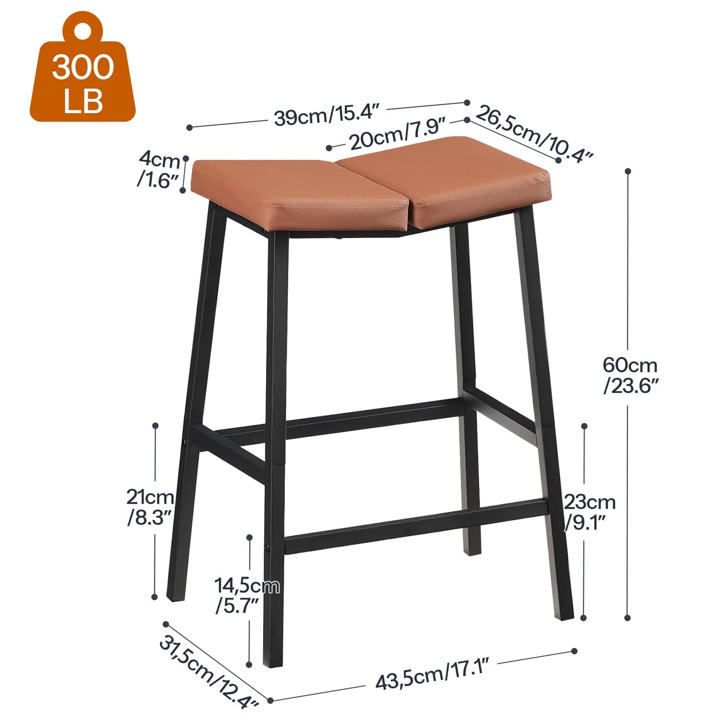 HOOBRO Bar Stools, Set of 2 Bar Chairs, Counter Height Bar Stools, Saddle Barstools & Curved Surface, 24 Inch Kitchen Barstools with Metal Base for Kitchen Counter, Rustic Brown and Black BF28MDP201