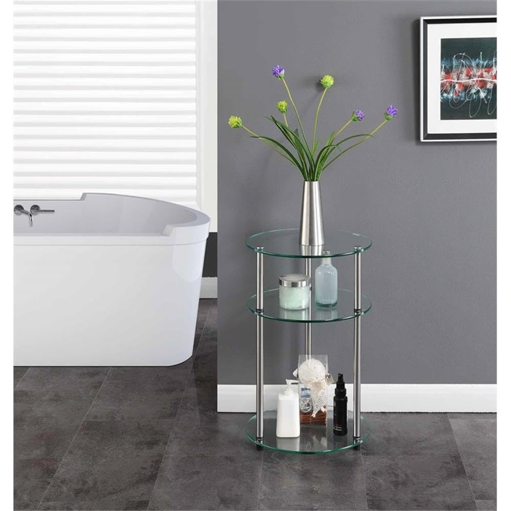 Convenience Concepts Designs2Go Classic Glass 3-Tier Round End Modern Contemporary Side Table with Storage Shelves for Living Room, Bathroom, Bedroom, 15.75"
