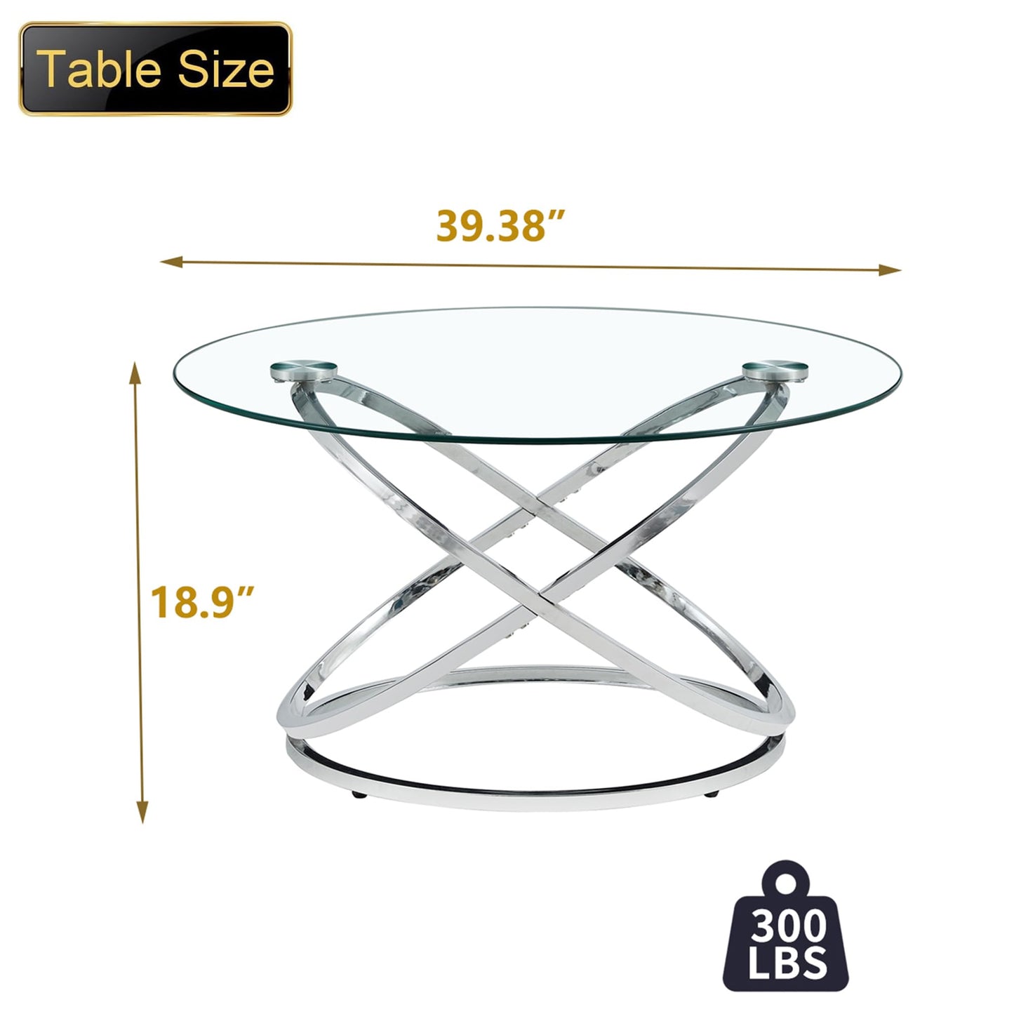 Silver Glass Coffee Table 39.4 Inch Round Modern Living Room Table, Center Table with Chrome Ring-Shaped Frames and Transparent Glass Tabletop, Silver