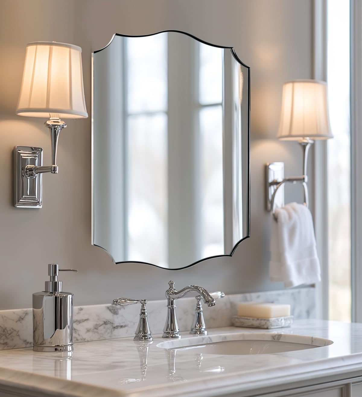 ANDY STAR Chrome Bathroom Mirror for Wall, 22x30 Inch Polished Silver Mirror, Bathroom Mirror for Over Sink, Irregular Wall Mirror in Thin Stainless Steel Frame Deep 1’’, Ideal for Limited Space