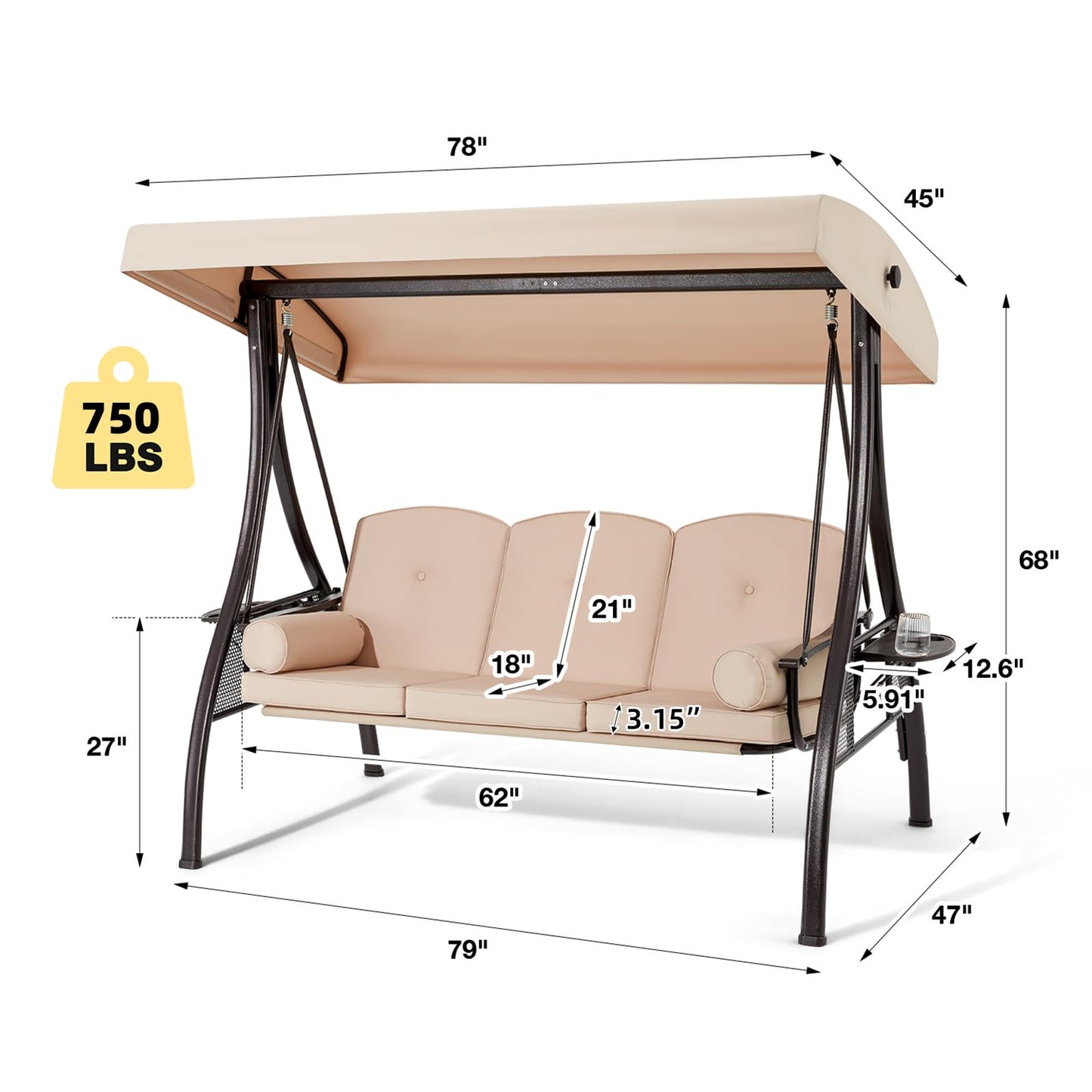 HOMREST 3 Person Outdoor Porch Swing with 1.5" Upgraded Cup Holder, Adjustable Canopy, Backrest, Patio Swing Bed with Weather Resistant Steel Frame, Cushions for Garden,Deck and Poolside(Khaki)