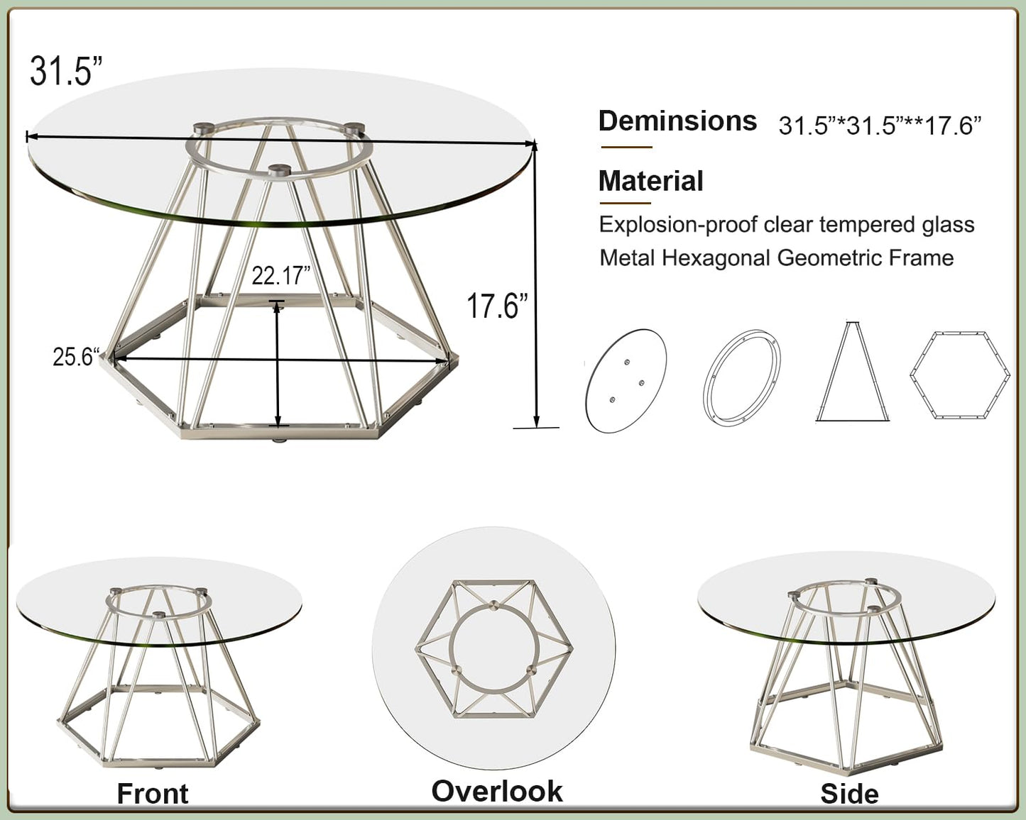 LVB 31.5” Round Glass Coffee Table, Modern Living Room Table with Hexagonal Silver Metal Frame, Small Contemporary Center Table for Bedroom, Office,31.5Inch