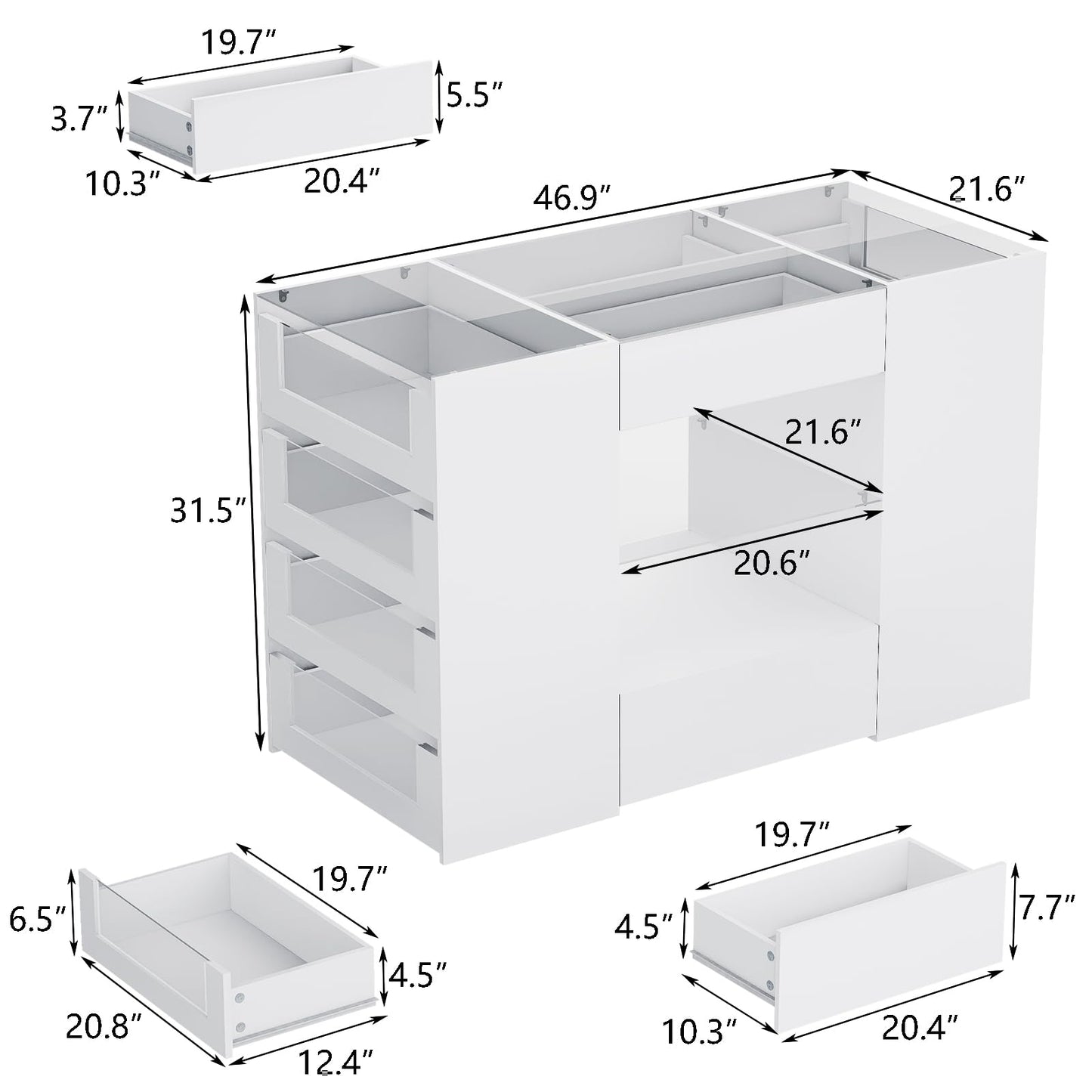 LIVAUVEAD Closet Island with Drawers, Wardrobe Armoire Bedroom Island, Glass Display Shelf & 12 Drawers, White Dresser with Glass Top, Walk-in Closet Island for Bedroom, Cloakroom