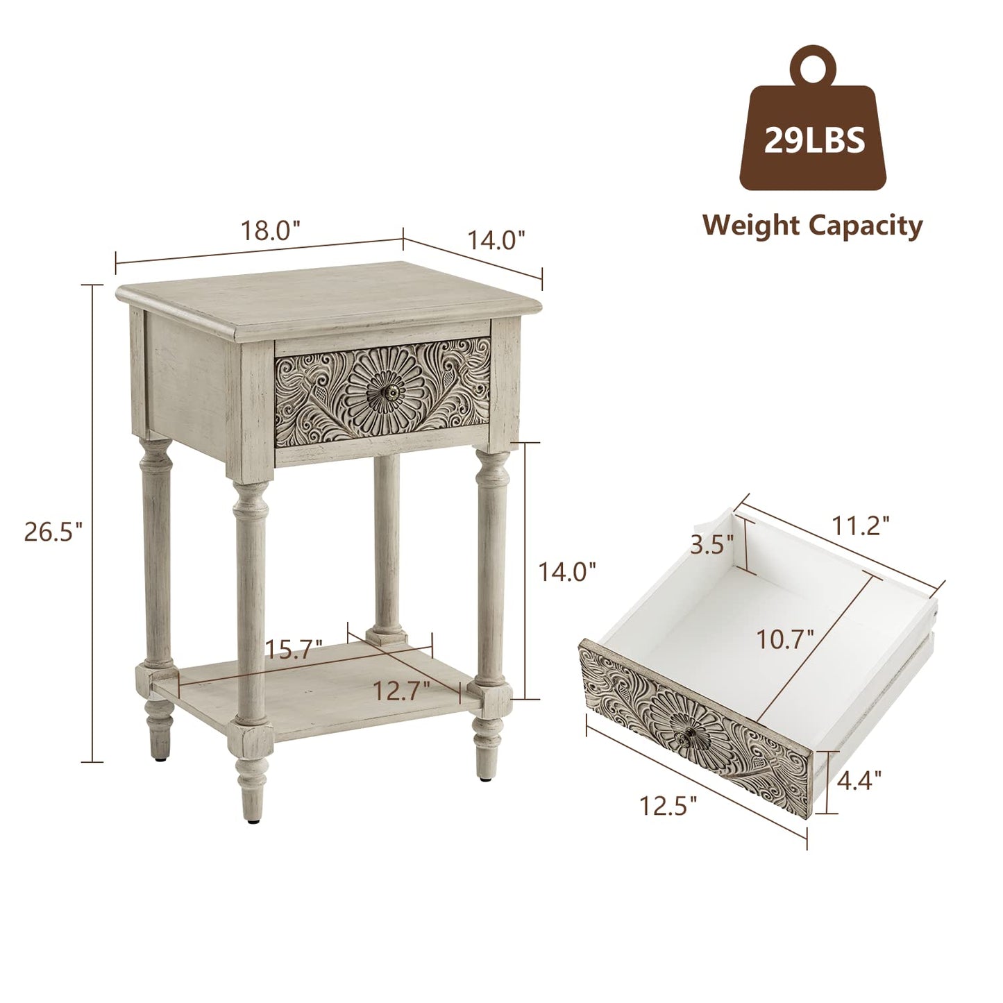 COSIEST Vintage Nightstand, MDF 2-Tier Bedside Table, Wood Accent End Table with Storage Drawer and Open Display Shelf for Bedroom Living Room