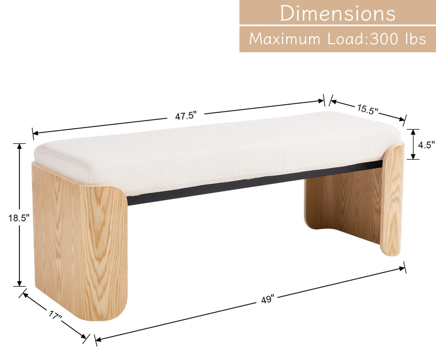Shunzhi Modern Upholstered End of Bed Bench for Bedroom 49” Entryway Bench with Natural Wood Leg Window Ottoman Bench for Living Room/Bedroom/Hallway/Indoor, White Chenille