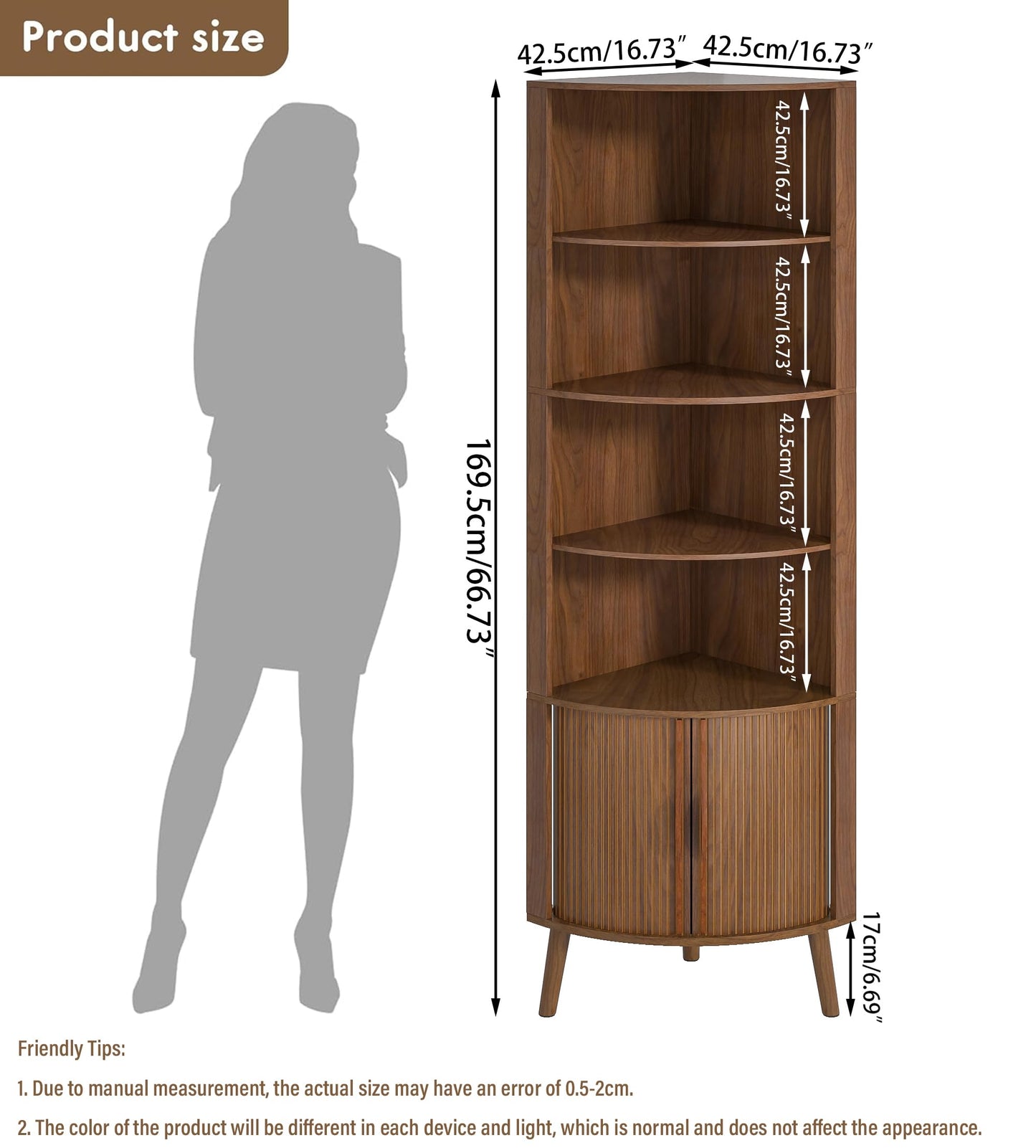 Limaoaio Corner Cabinet, 66.73'' Tall Modern Corner Bathroom Storage Cabinet with 2 Fluted Doors and Shelves, Home Space Saver for Kitchen, Living Room, Study Room(Walnut, 66.73''H)