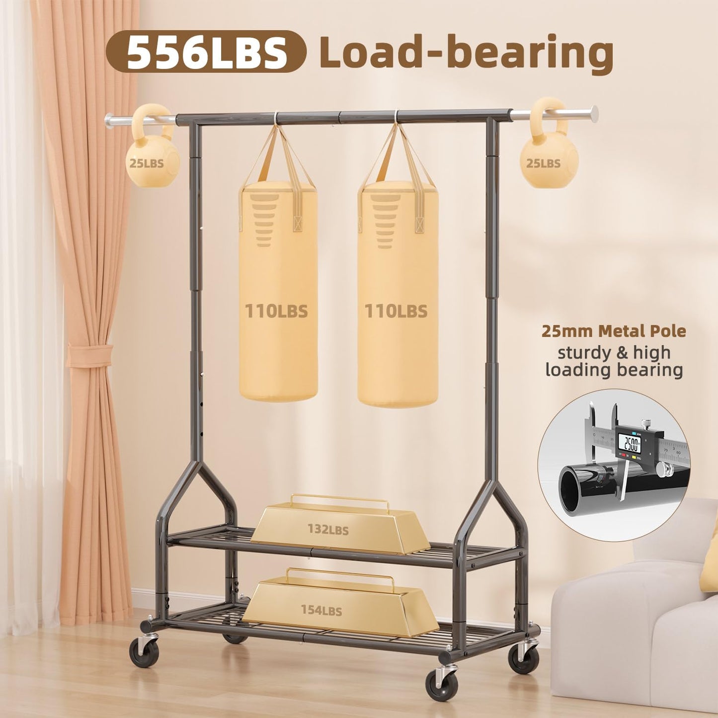 EAGMAK Heavy Duty Clothes Rack Load 556 LBS, Rolling Clothing Rack With Shelves, Height Adjustable Metal Clothes Hanger with Wheels Portable Wardrobe Organizer Garment Rod for Hanging Clothes (Black)