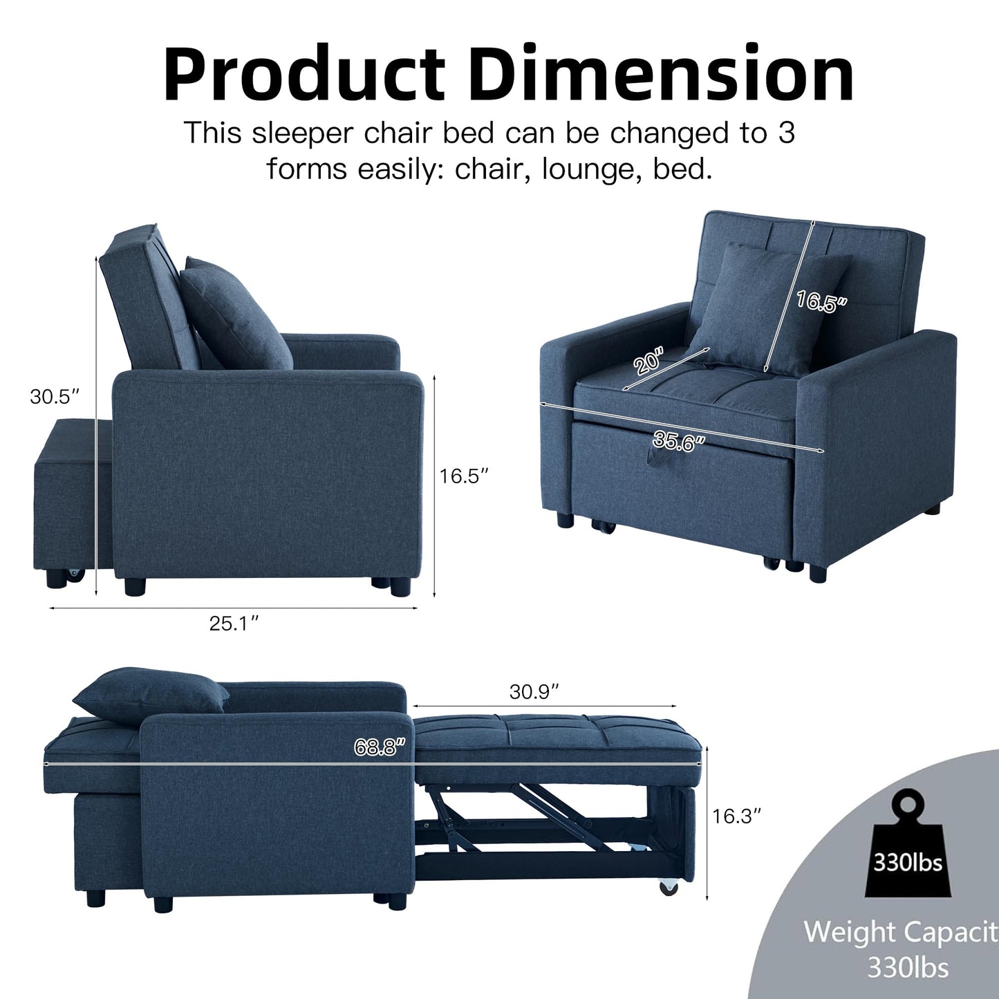 Yosonch Sofa Bed Chair Convertible ,Sleeper Sofa with Pull-Out Bed ,3-in-1 Futon Couch with Reclining Backrest and Side Pocket (Blue, 35.6‘)