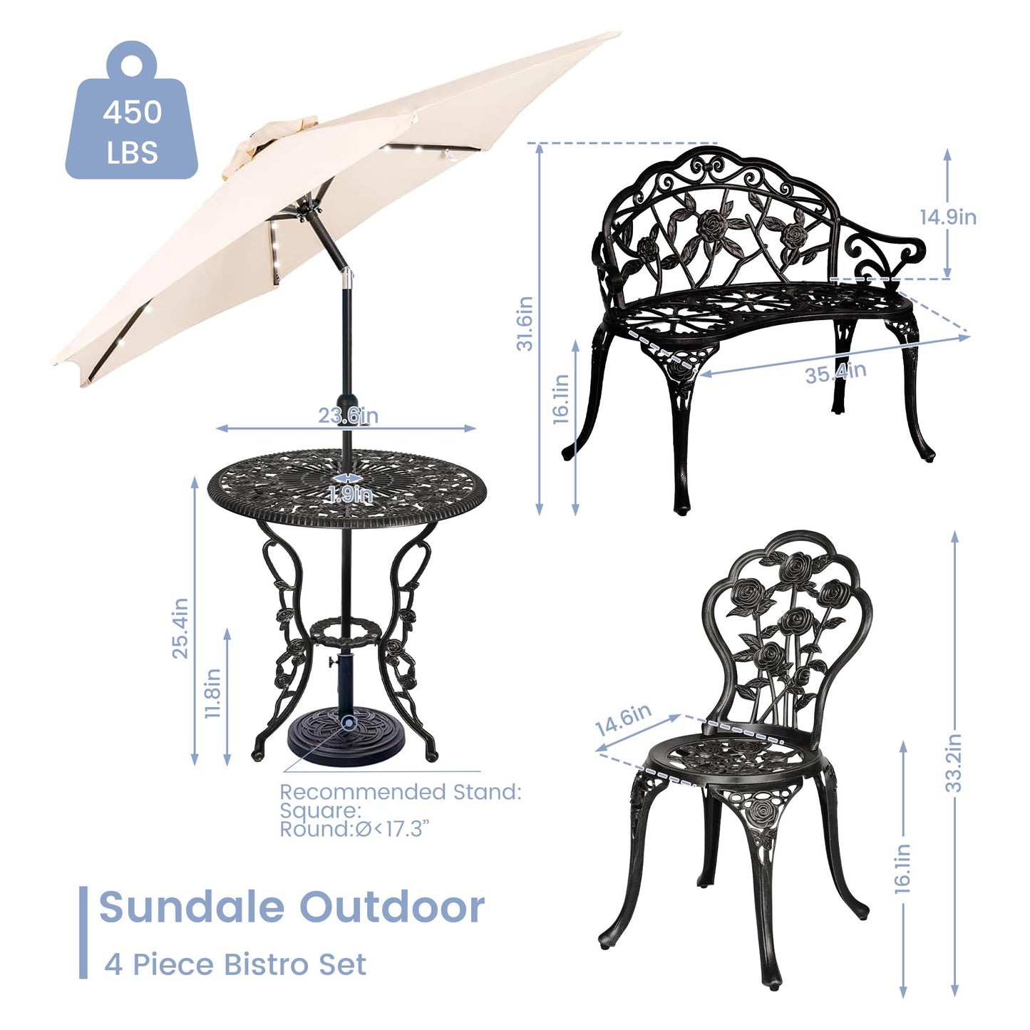 Aura Outdoor Cast Aluminum Bistro Set of 4, Patio Rose Table and Chair Set with Umbrella Hole for Balcony All Weather Resistant Black