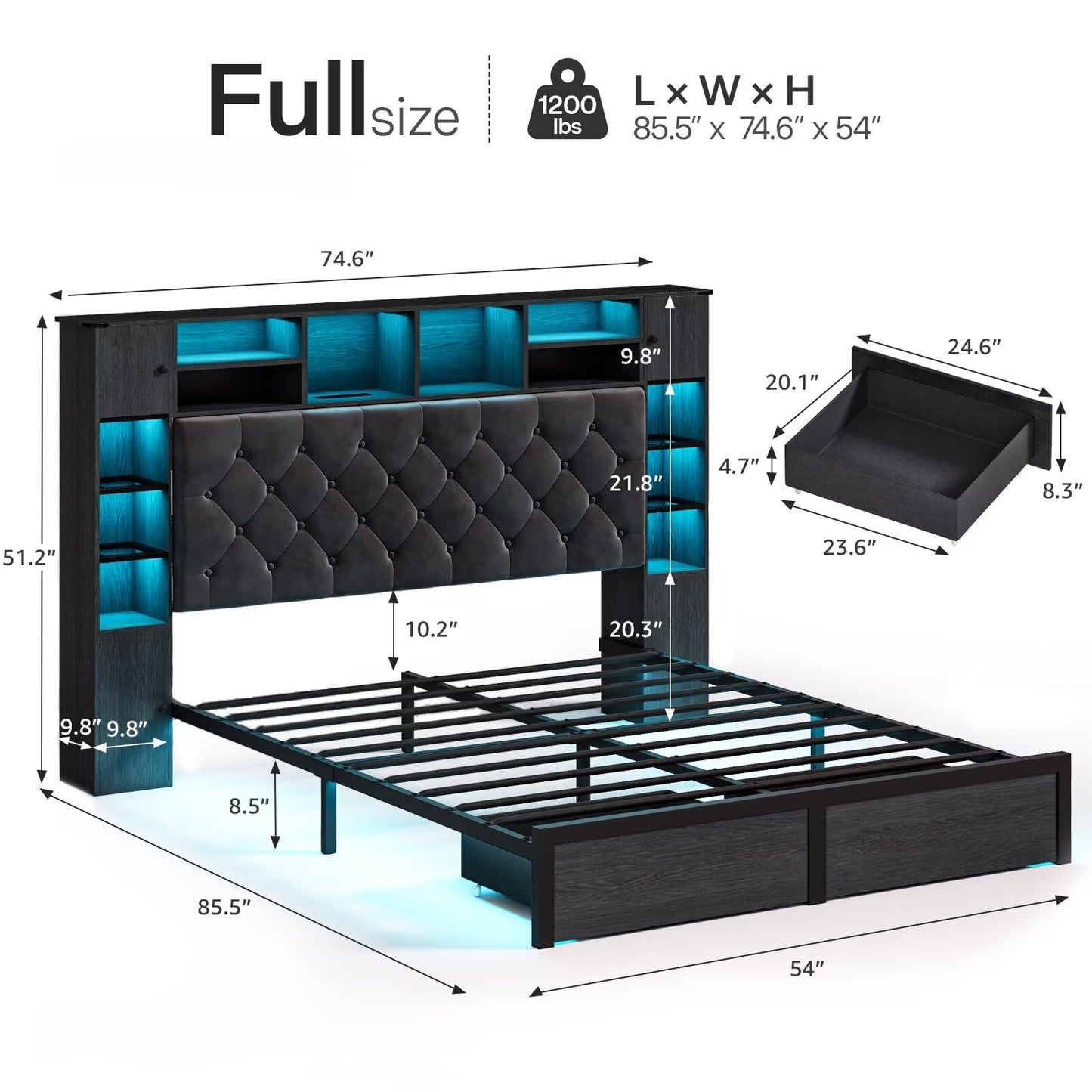 Siihnon Full Size Bed Frame with Bookcase Headboard and Storage Drawers, 51.2" Metal Platform Full Bed Frame with Charging Station and LED Lights, Velvet Upholstered Tufted Bed Frames, Black
