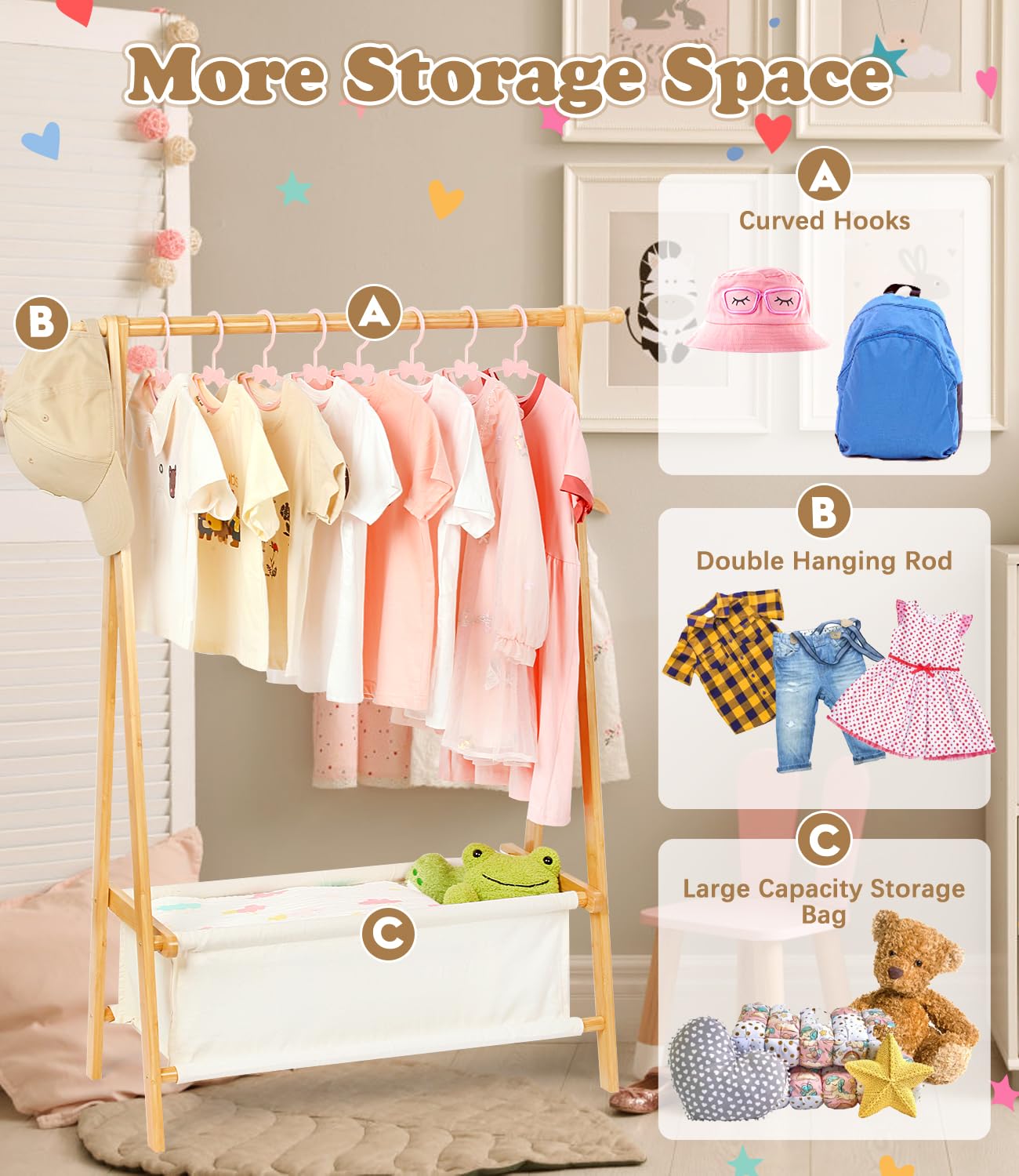 Relquorax Kids Clothing Rack with Storage, Dress Up Rack, Child ClothesRack, Small Garment, for Costume, Bamboo (Natural Color)