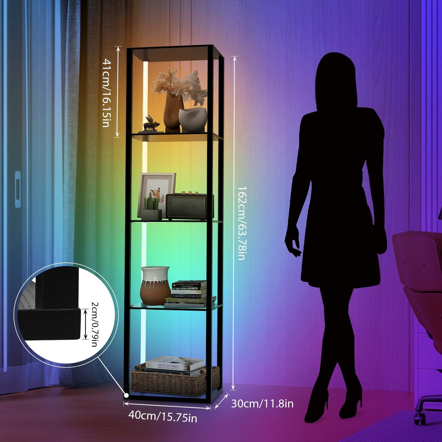 Caupel 5 Tiers Corner Shelf with LED Light, 63.78" Tall Display Shelf for Collectibles, LED Corner Floor Lamp with APP and Remote Control for Living Room Bedroom