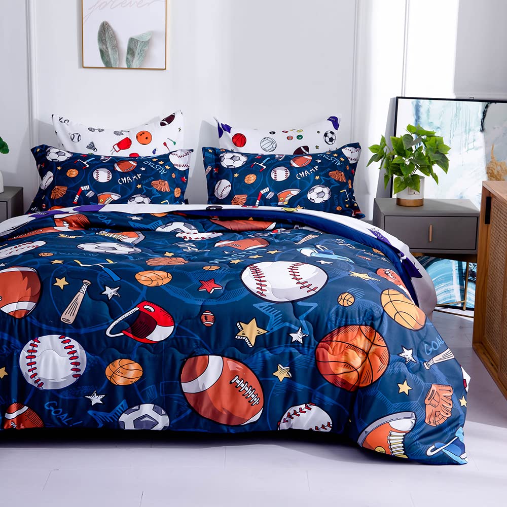 Wajade Sports Comforter Set Bed in A Bag Full Size 7 Piece 3D Soccer Basketball Baseball Football Bedding Set for Kids Boys (1 Comforter, 1 Flat Sheet, 1 Fitted Sheet, 2 Pillowcase and 2 Pillow Sham)