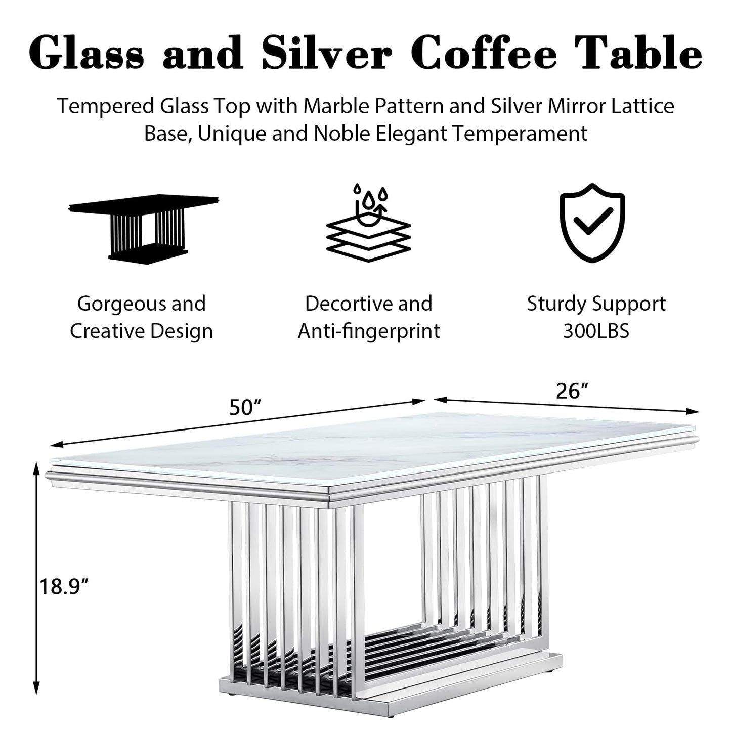 AUZ Silver Coffee Table, 50" White Glass Coffee Table for Living Room, Modern Rectangular Center Table with Gorgeous Mirrored Stainless Steel Base
