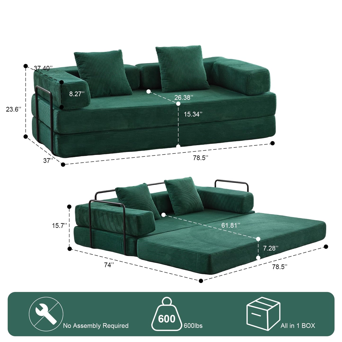 ETCZOYE Folding Sofa Bed, Modular Sectional Cloud Couch, Convertible Sleeper Sofa Bed with Pillow Back Support Armrest for Living Room Bedroom Lounge, No Assembly Required, Corduroy (Dark Green)
