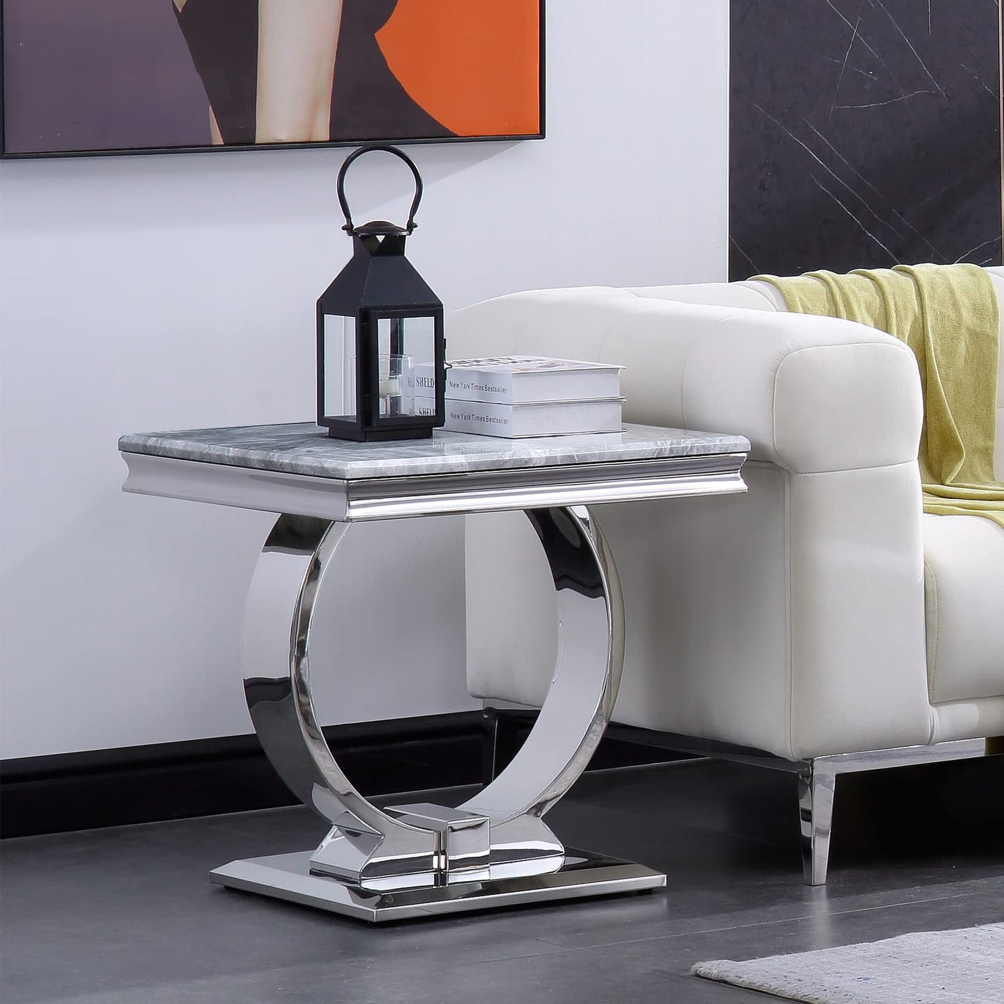 Asday Silver End Table, 22" Modern Glam Grey Square Side Table with Mirrored Stainless Steel U-Base for Living Room