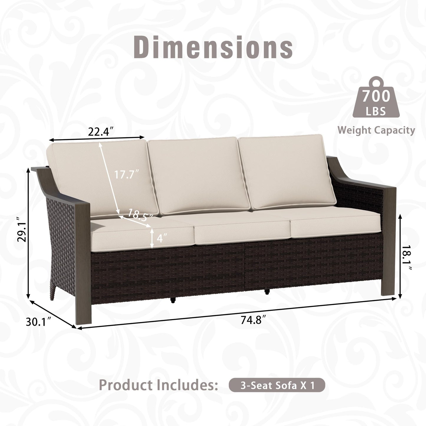 Qsoer 74 Inch Patio 3-Seater Sofa,PE Wicker Outdoor Lounge with Thick Removable Water-Resistant Cushions, Rust-Proof Steel Frame, 900LBS Capacity, Beige