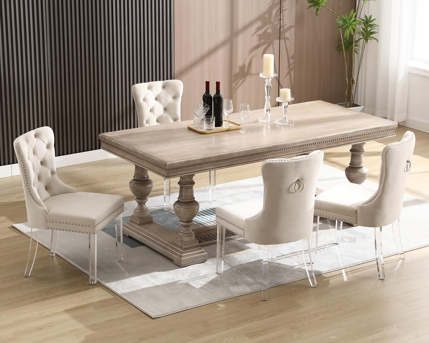 KCC Velvet Dining Chairs Set of 4, Upholstered Tufted Wingback Dining Room Chair with Nailhead Back Ring Pull Trim Solid Acrylic Legs, Contemporary Nikki Collection Style for Kitchen, Beige