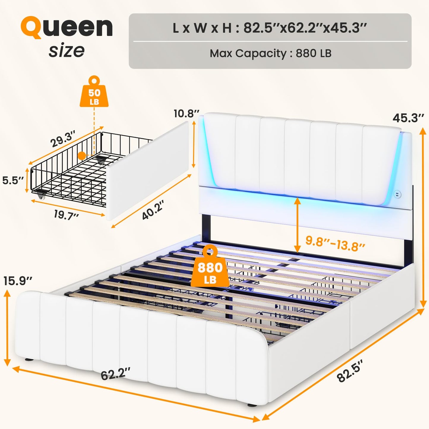 AOGLLATI Queen Bed Frame with Headboard and 4 Storage Drawers, White Platform Bed Frame Queen Size with Led Light & 2 USB Ports, Queen Size Bed Frame with Wooden Slats Support, No Box Spring Needed