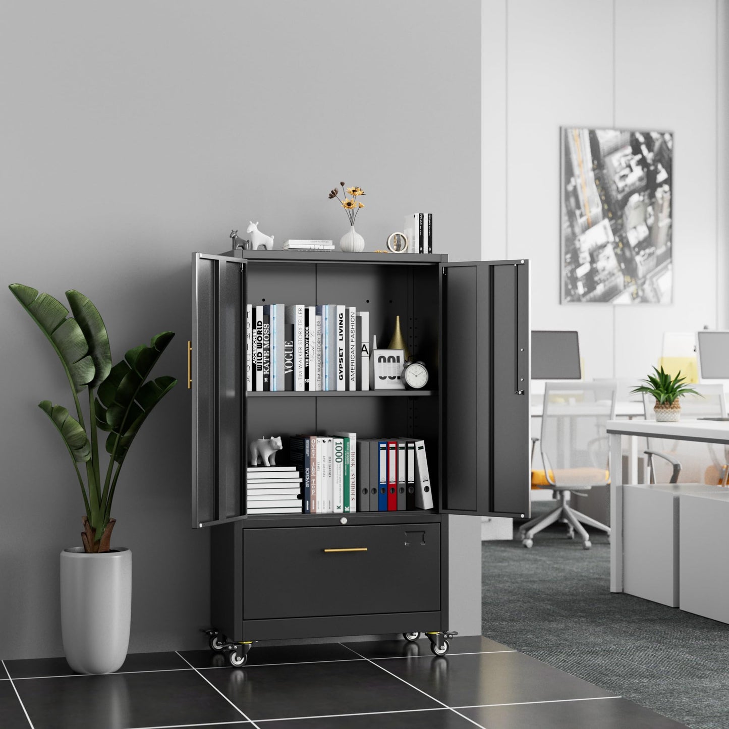 Aobabo Metal 1 Drawer Office File Cabinet with Lock and 2 Doors, Office Steel Files Cabinet with Wheels, Legal/Letter A4 Size, Assembly Required, Black