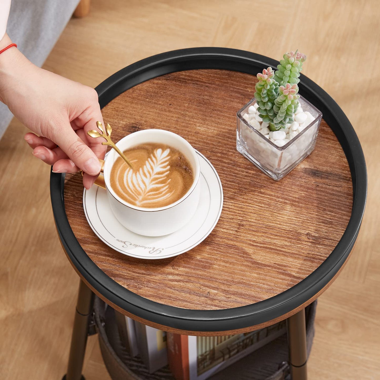 LEMONDA Small Round End Table, 2 Tier Round Side Table with Storage Basket,11.8”D*17.8”H Small Round Table,Sofa Side Table,Small Round Nightstand for Living Room Bedroom