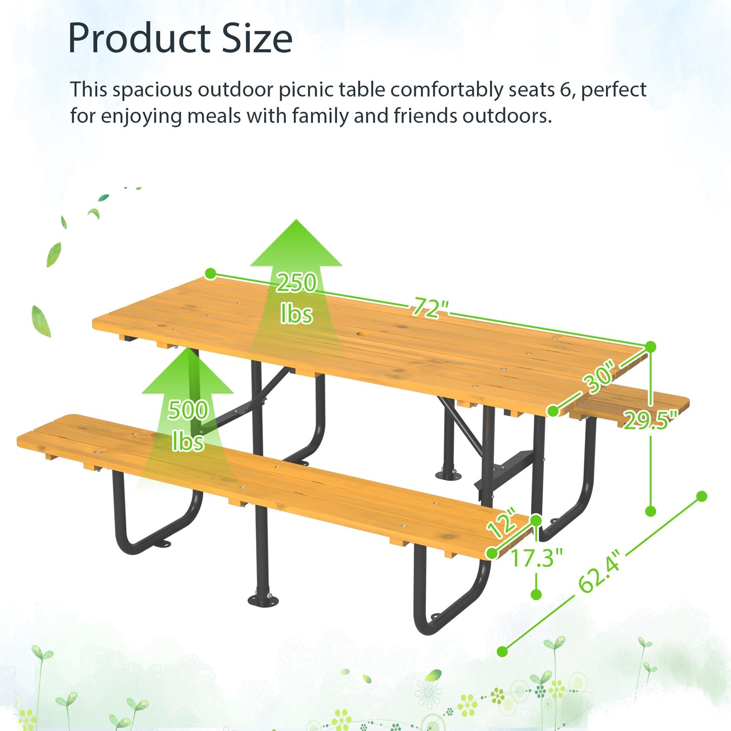 DOPERFE 72" Wooden Picnic Table, Picnic Table with Benches, Steel Frame with Umbrella Hole 1.97" for Patio Party Barbecue Party (Yellow + Black, 72")
